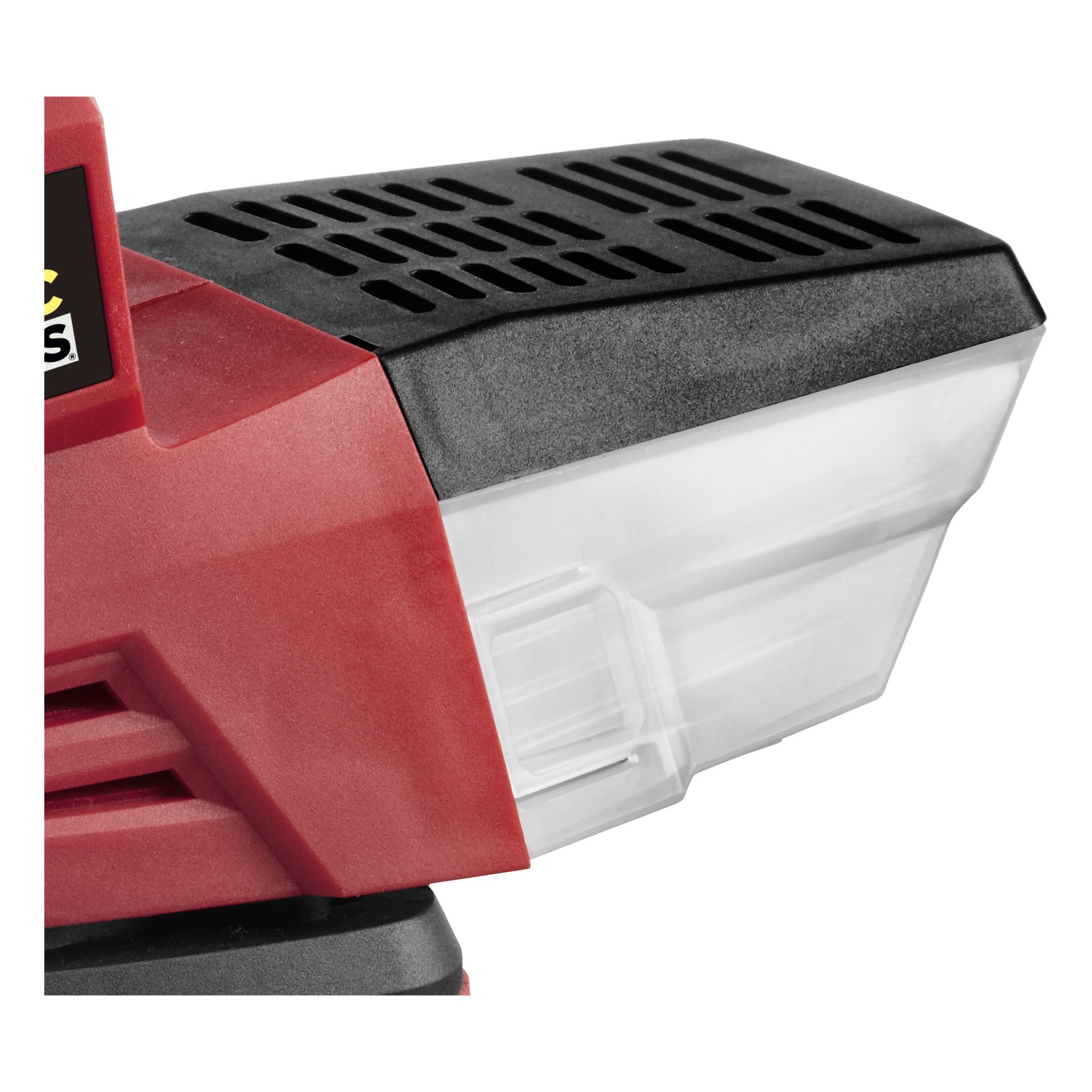 Zbliżenie na Multiserię szlifierki SM-18V EASY 300 firmy Meec Tools Multiseries, pokazującą przezroczystą, kanciastą komorę na kurz, wentylowaną czarną górę oraz szczegółowo teksturowaną obudowę korpusu. Produkt zawiera etykietę SM-18V EASY 300.