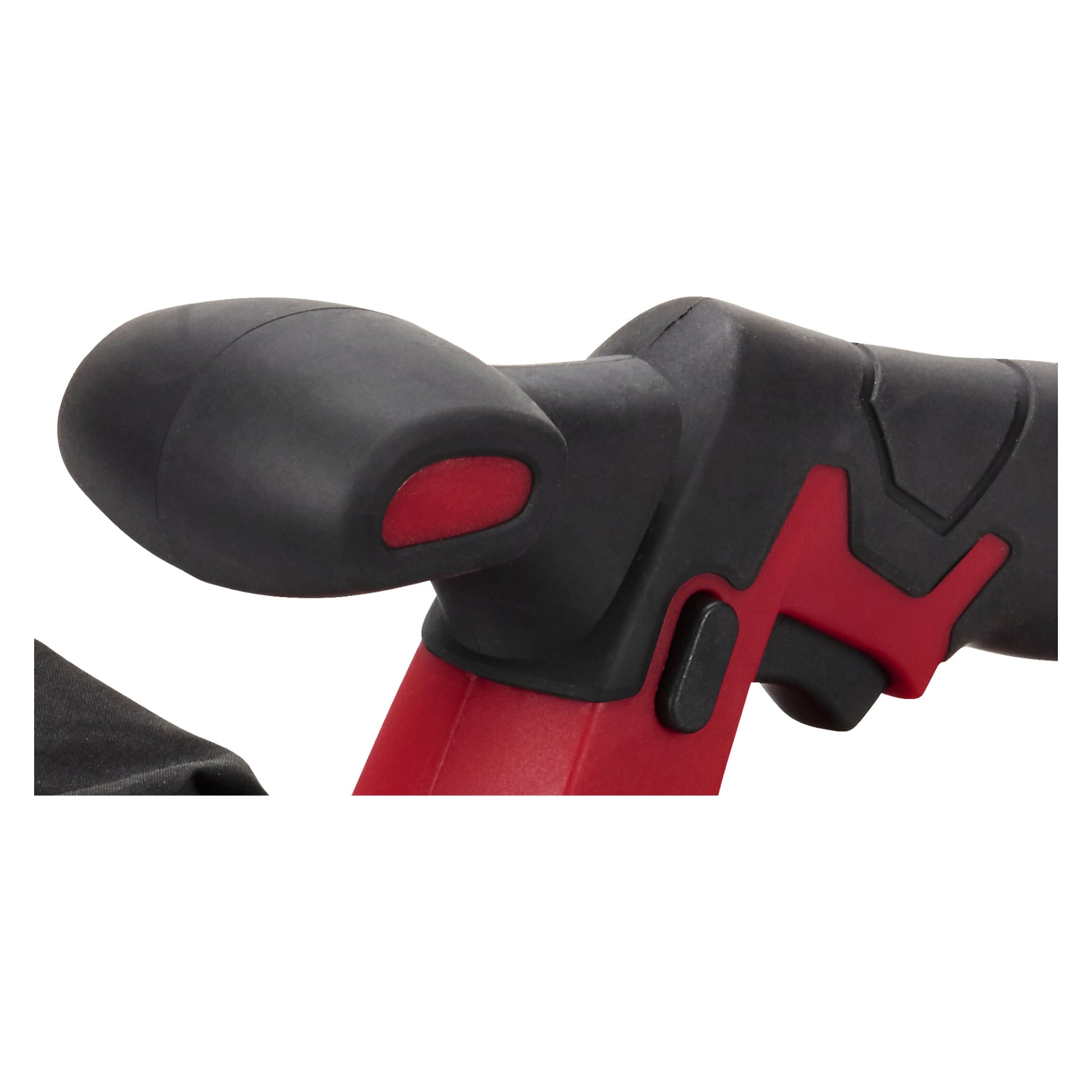 Yksityiskohtainen lähikuva kahvasta ja osasta Meec Tools Multiseries Electric Planer PL-18V HOME 500 -mallista, korostaen teksturoitua mustaa kahvaa ja punaista nappia.