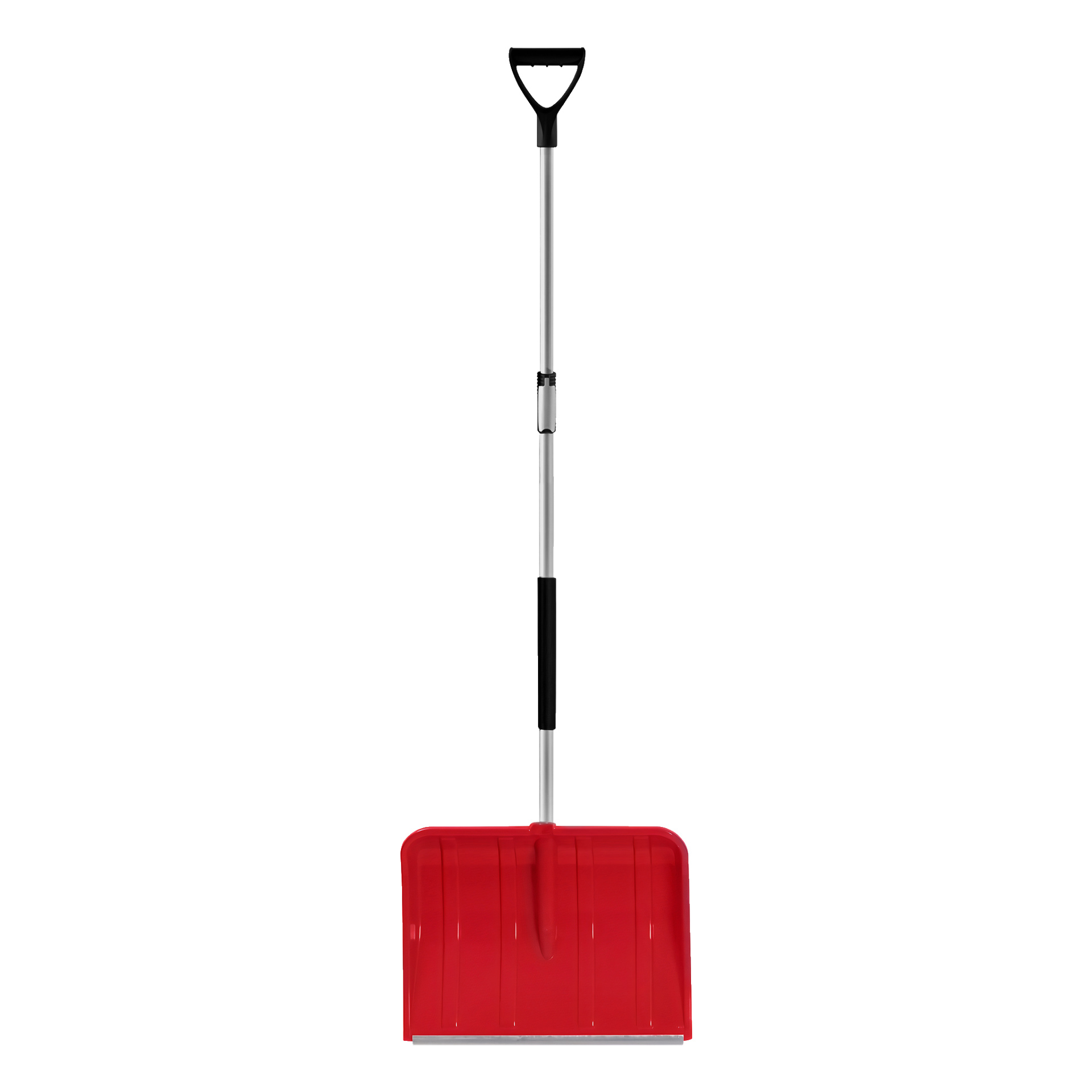 Hard Head -lumilapio seisoo pystyasennossa, siinä on leveä muoviterä, musta ergonominen kahva ja hopeinen alumiininen teleskooppivarsi.