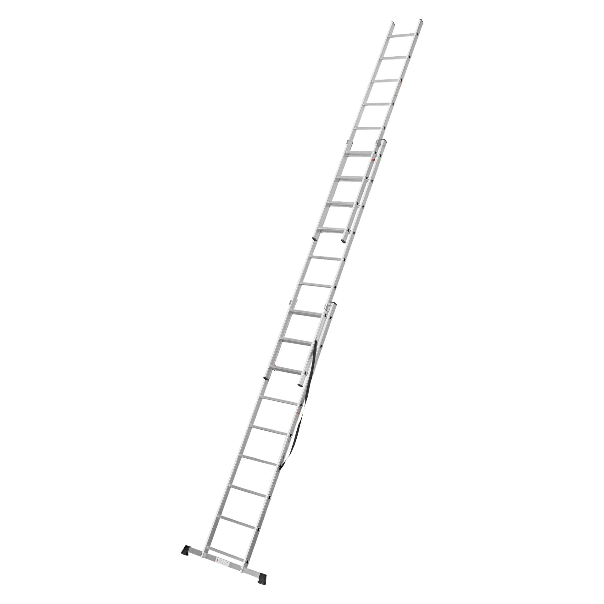 En Hard Head Combination-stege med 3x9 steg är helt utfälld i en vinkel och visar dess höga silverfärgade metallram, rektangulära steg och svarta stabilisatorfötter.