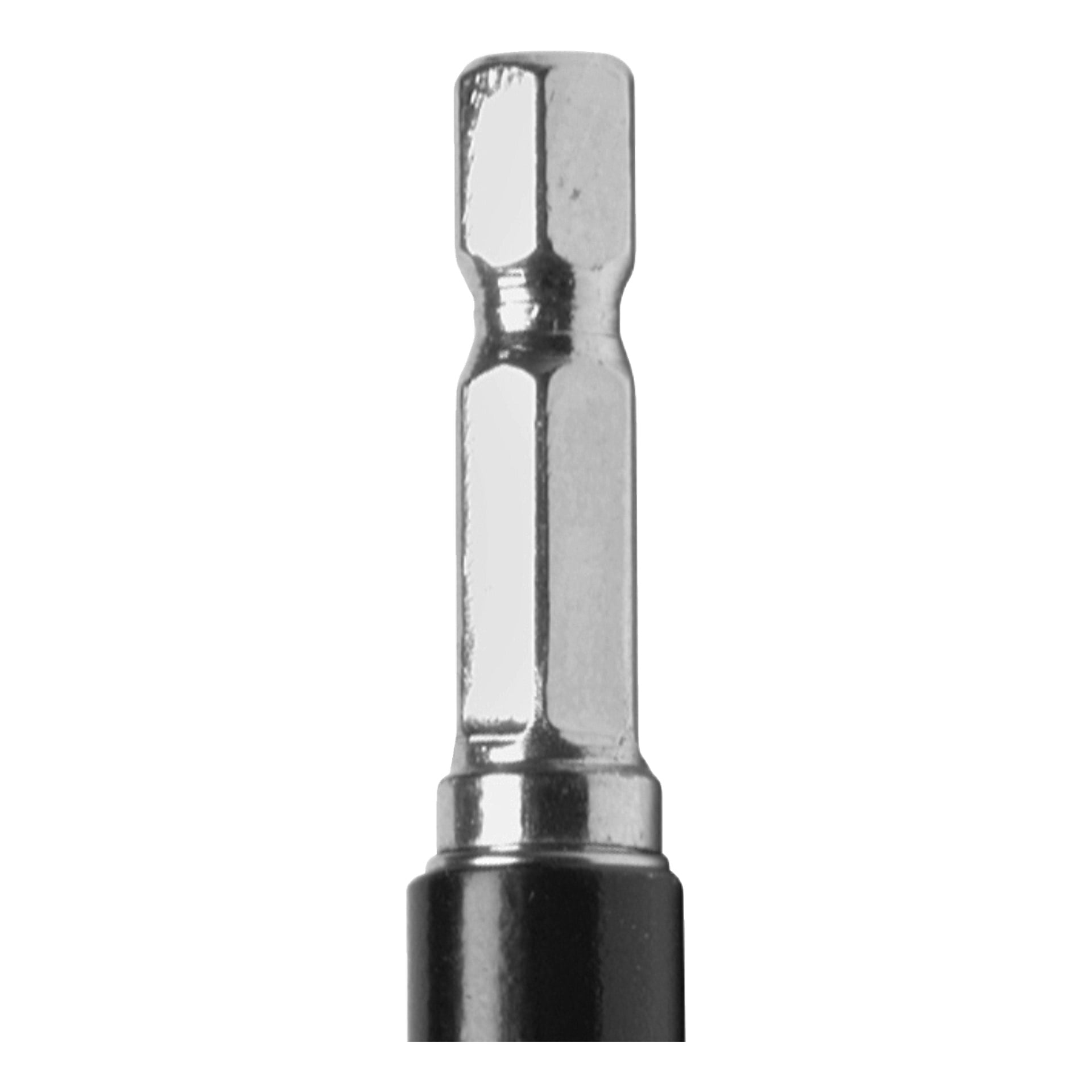 Närbild på en glänsande metallsexskaft från Meec Tools Magnetic Bit Holder, med väldefinierade kanter och en delvis synlig svart bas längst ner.