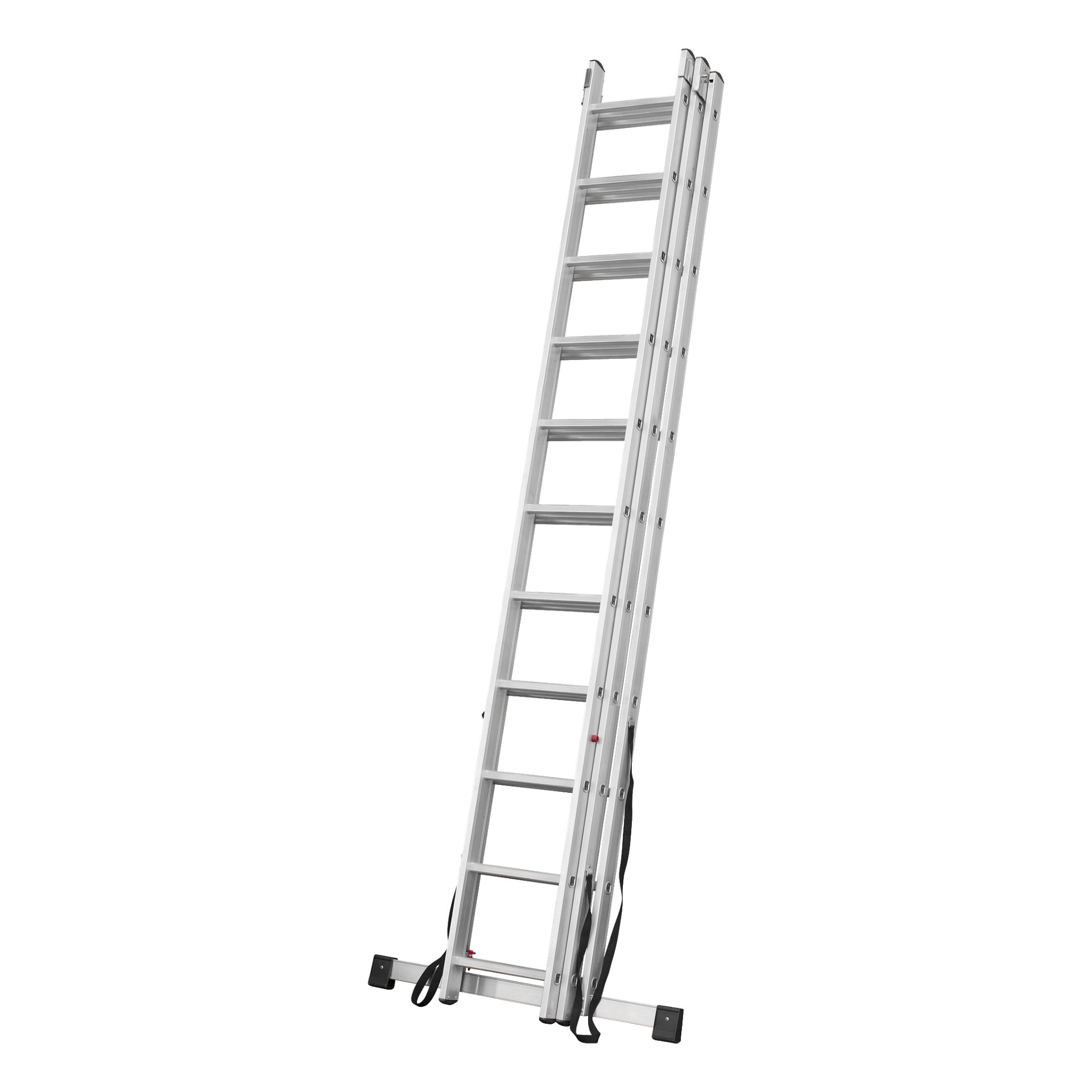 Hard Head Combination Ladder z stopniami 3x11 stoi pionowo, prezentując trójsekcyjną konstrukcję: wysoką srebrną ramę z aluminium, czarne paski i stopy z gumowymi końcówkami.