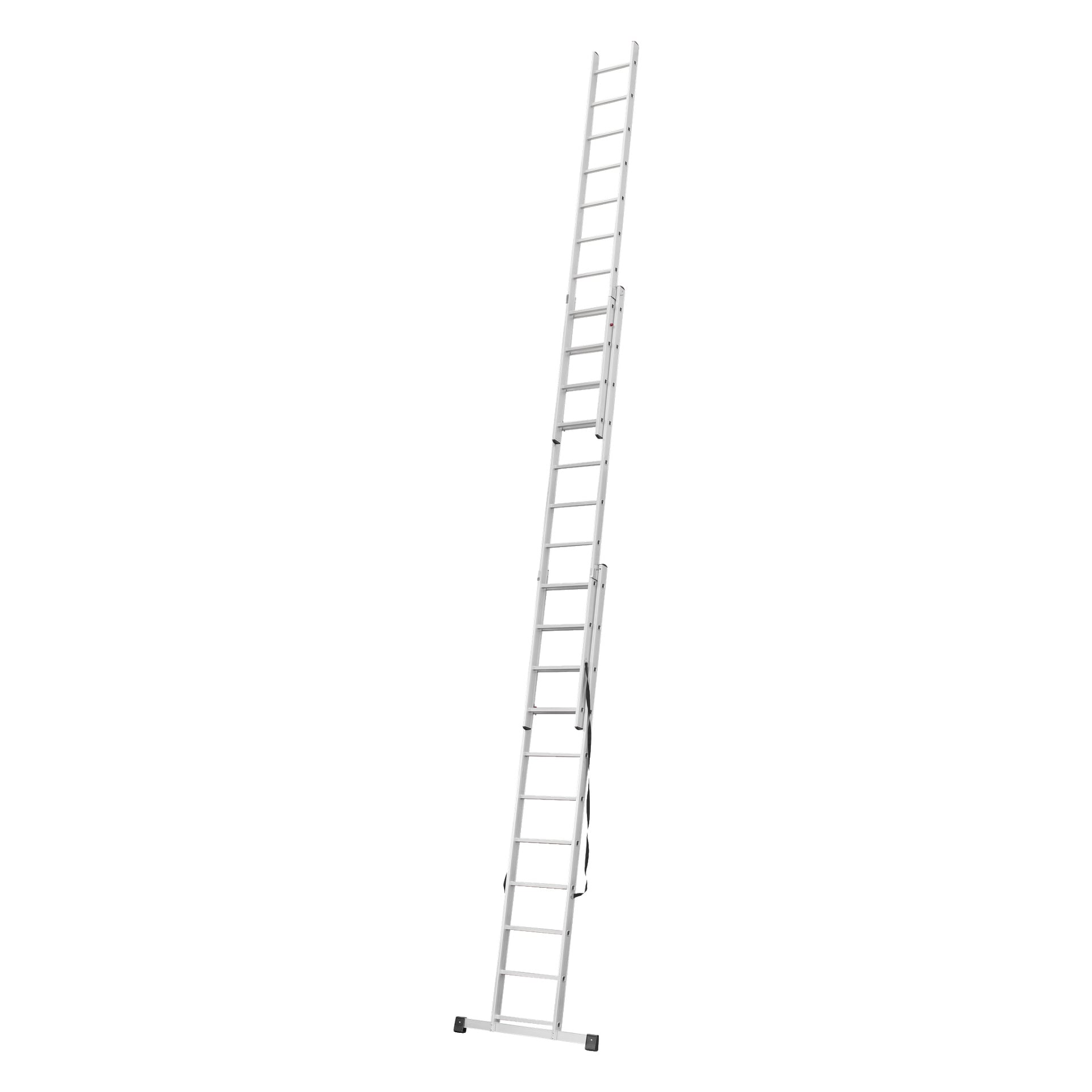 Wysoka drabina Hard Head Combination z dwoma wysuwanymi sekcjami i stopniami 3x11 jest częściowo wysunięta pod kątem. Drabina ma czarne gumowe stopki i pasek trzymający jedną część na miejscu.