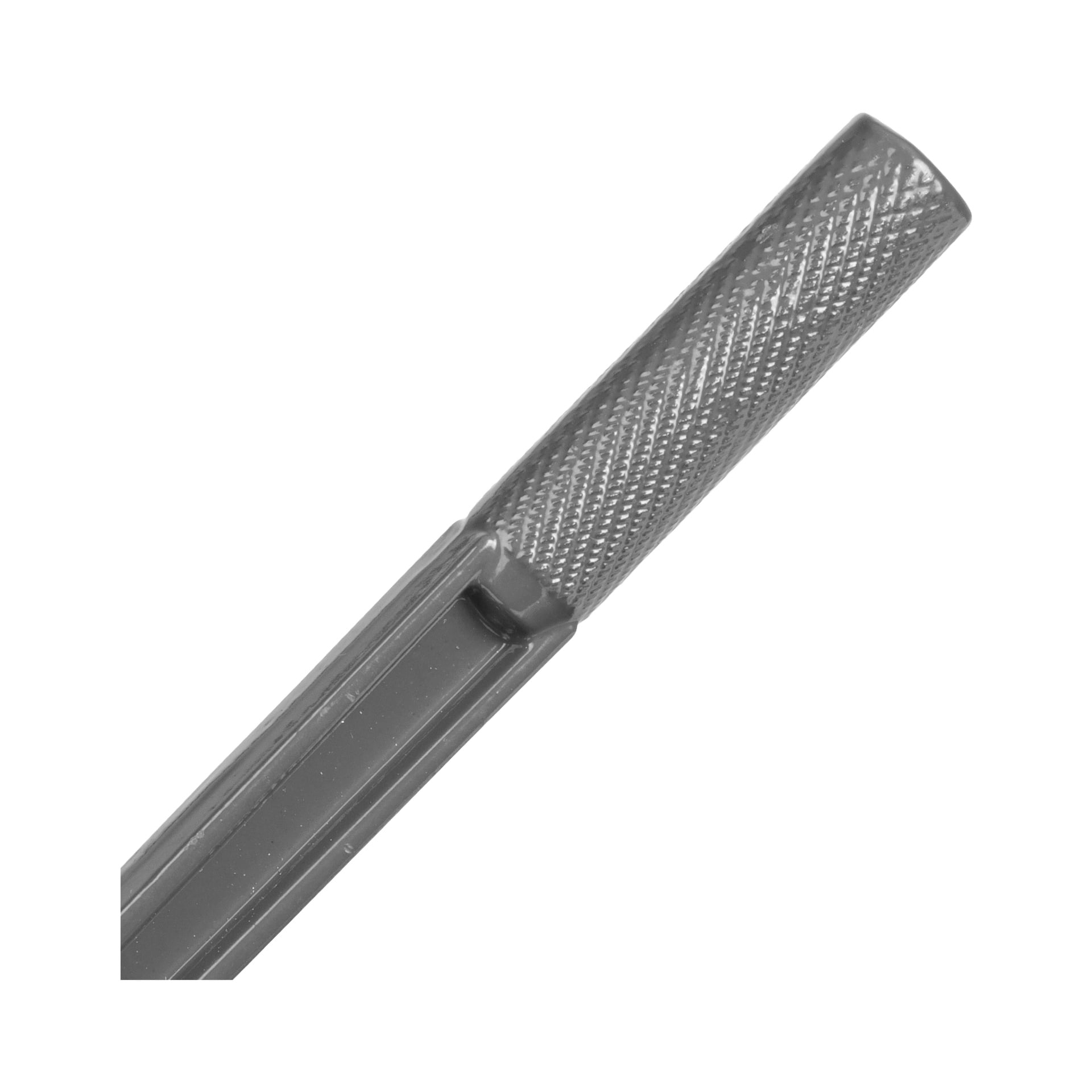 Zbliżenie na Meec Tools Pipe Bender, z rąbkowanym uchwytem dla chwytu i płaską powierzchnią do zginania, pokazane pod kątem skośnym.