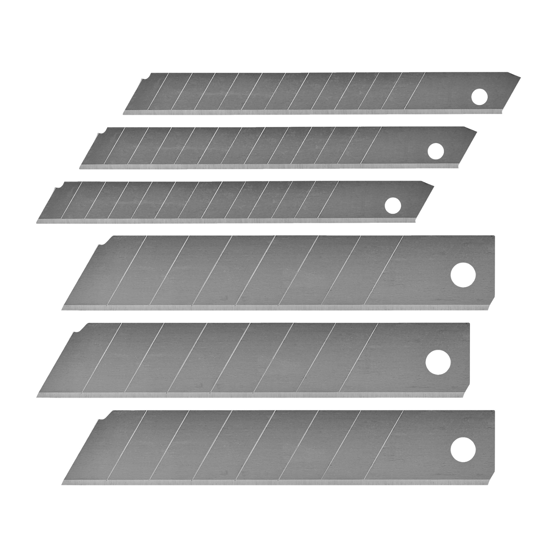Åtta silverblad med avbrottskniv från Meec Tools Snap-off Blade Knife Set visas i en förskjuten horisontell uppställning. Varje blad har diagonala skårlinjer och ett cirkulärt hål nära ena änden.