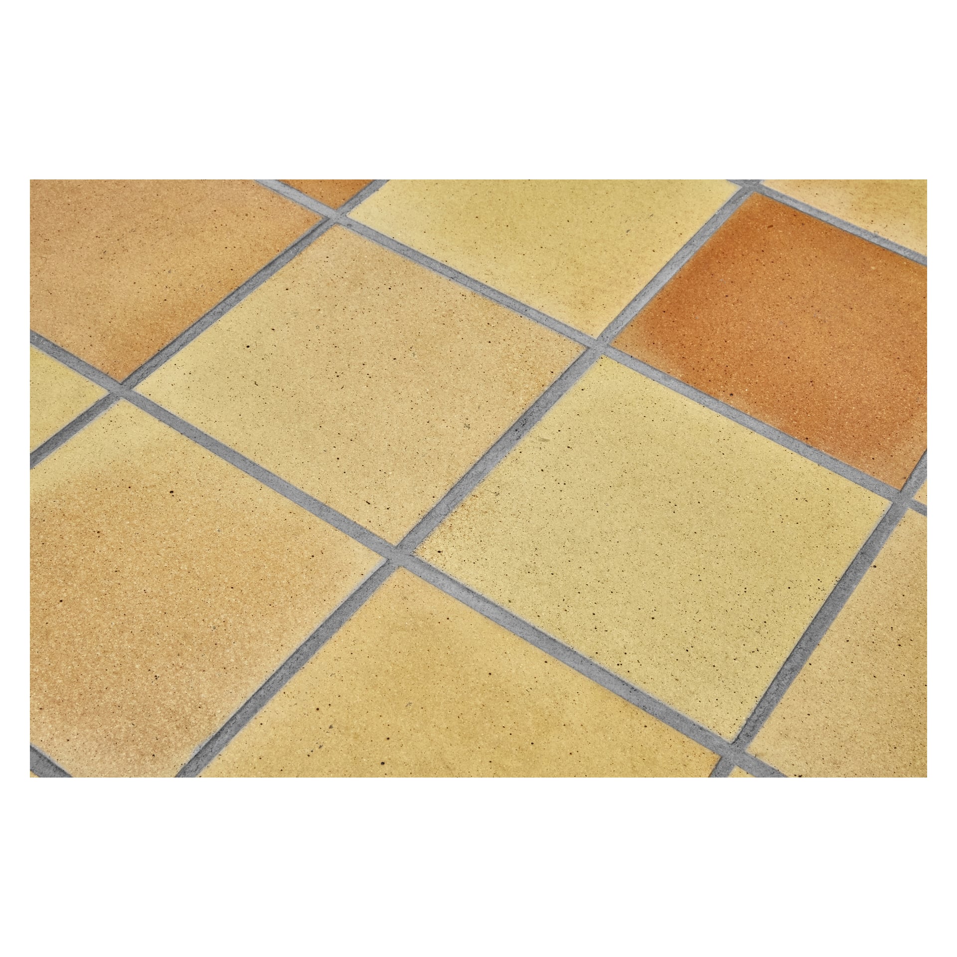 Szczegółowe zbliżenie ułożonych ukośnie kwadratowych płytek ceramicznych w różnych odcieniach beżu, żółci i pomarańczy z szarymi liniami fug, czyszczonych pędzlem Menuett Joint.