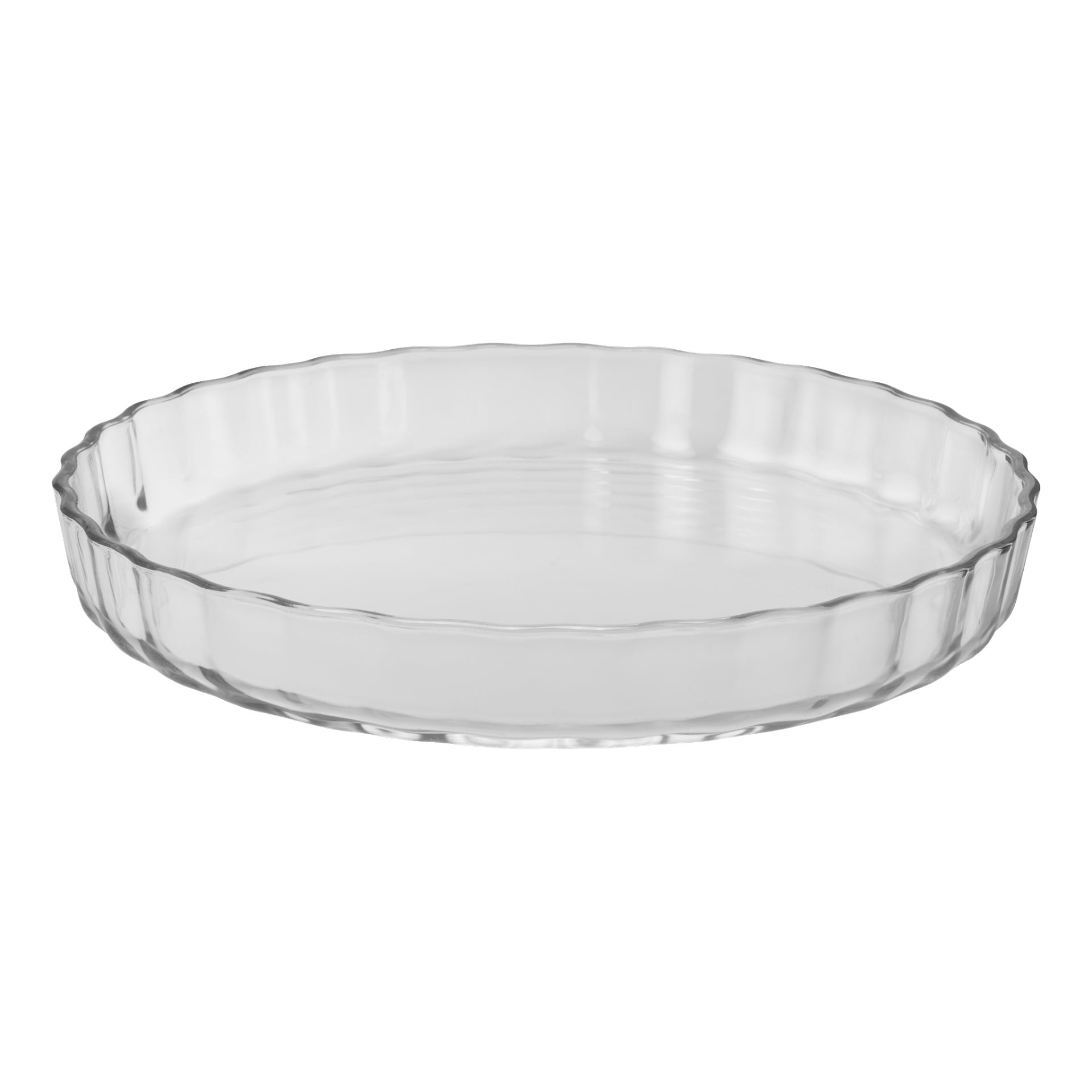 En gjennomsiktig, rund Menuett Pie-form med rillekanter vises. Den tomme glassskålen har en jevn bunn og fremhever sin klare konstruksjon.