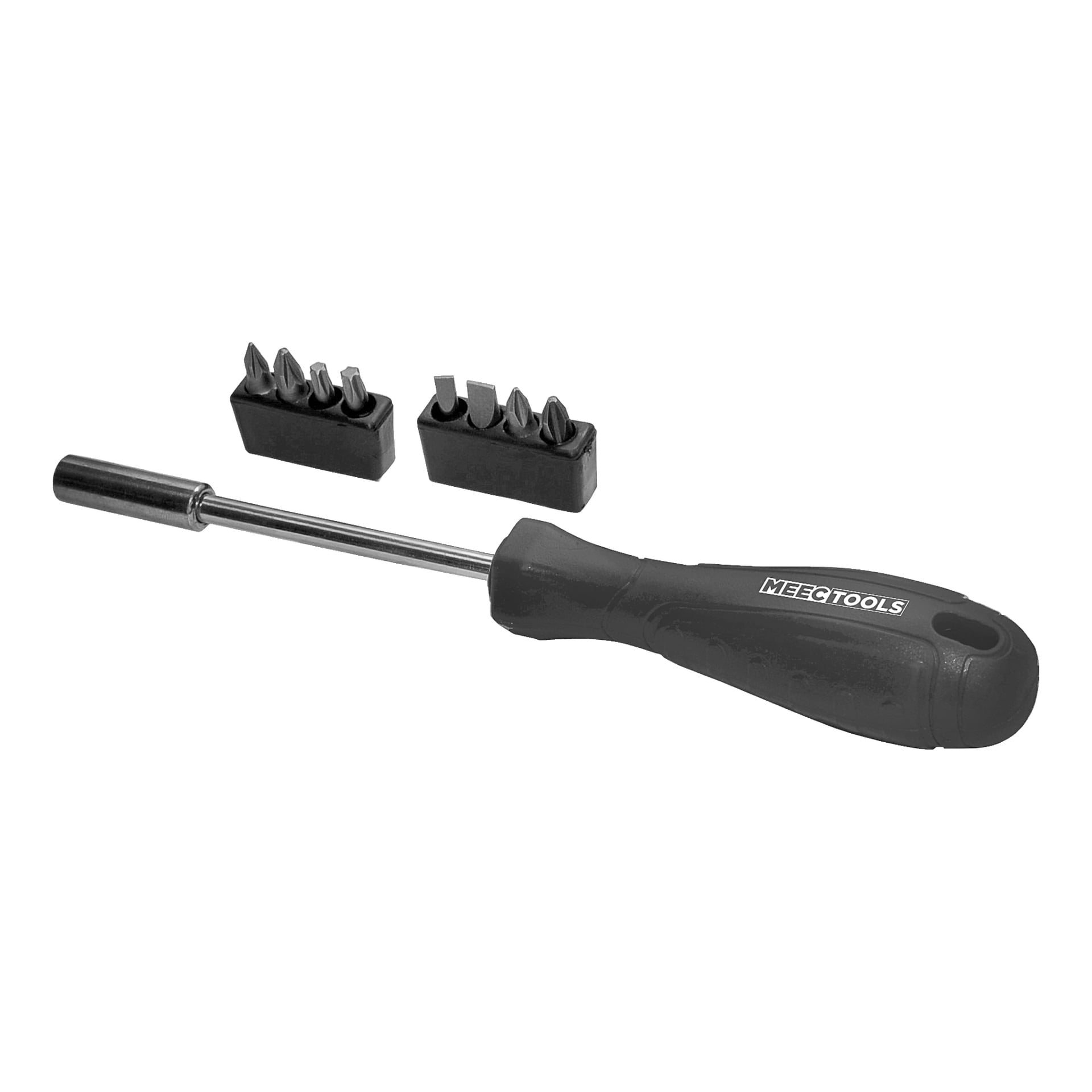 Et Meec Tools Bit-skrutrekkersett inkluderer en skrutrekker med svart håndtak og synlig merkevare og to grupper med utskiftbare bits, hver med fire forskjellige skrutrekkerhoder.
