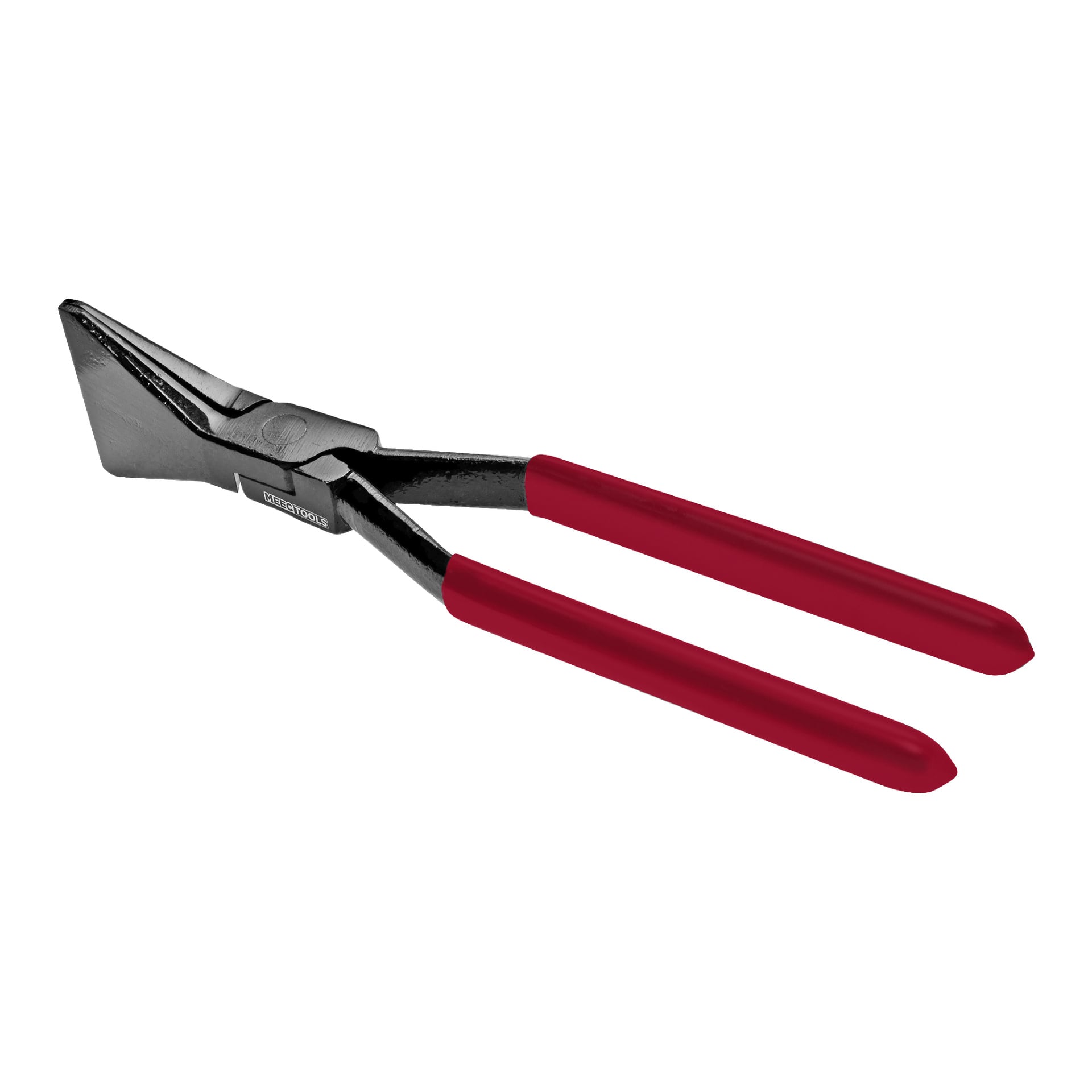 Para składanych szczypiec Meec Tools z czerwonymi uchwytami posiada szerokie, płaskie metalowe szczęki zaprojektowane do chwytania lub gięcia materiałów.