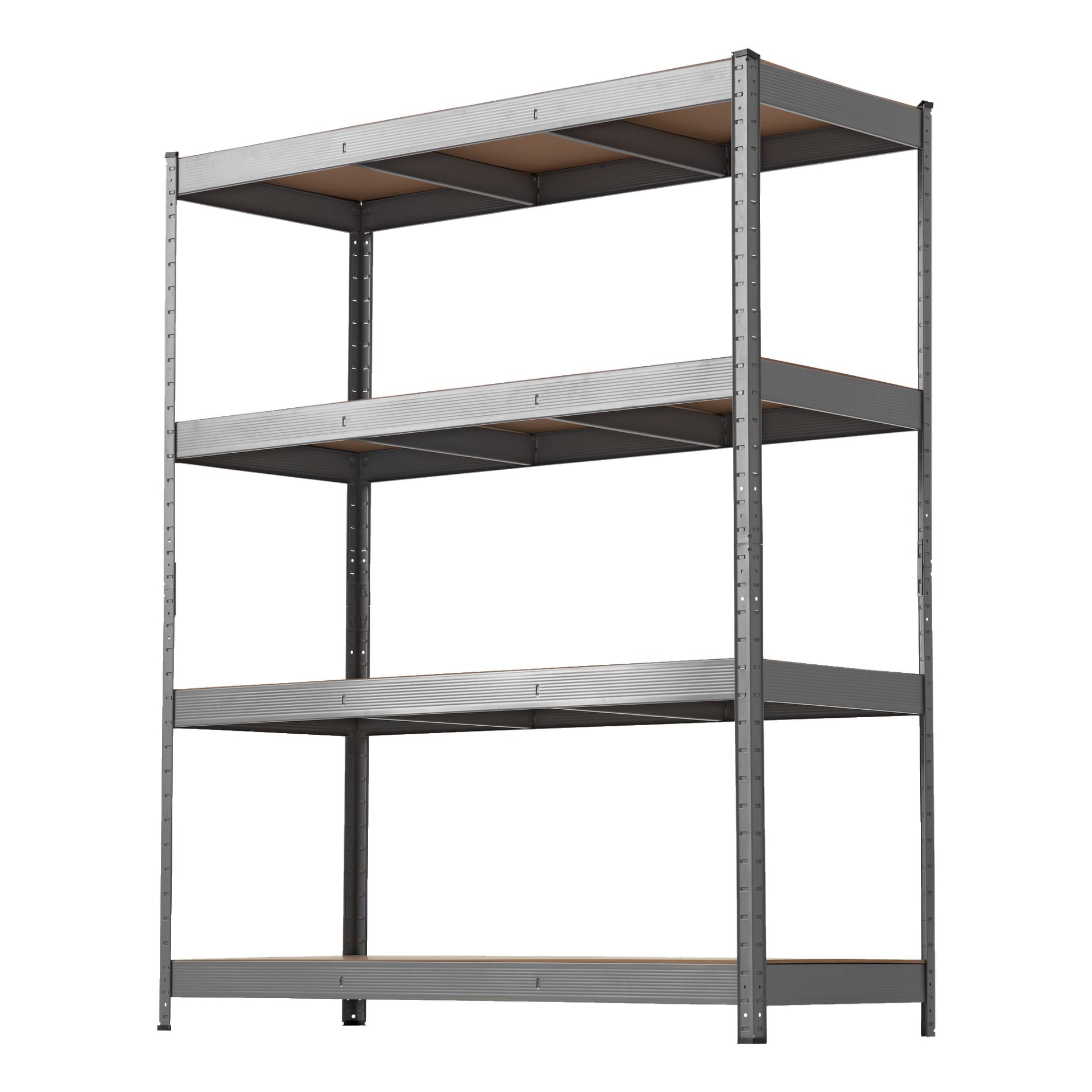 Et Hard Head Storage Rack med fire hyller laget av sponplate, hver støttet av sterke metallstolper. Den frittstående enheten vises tom.