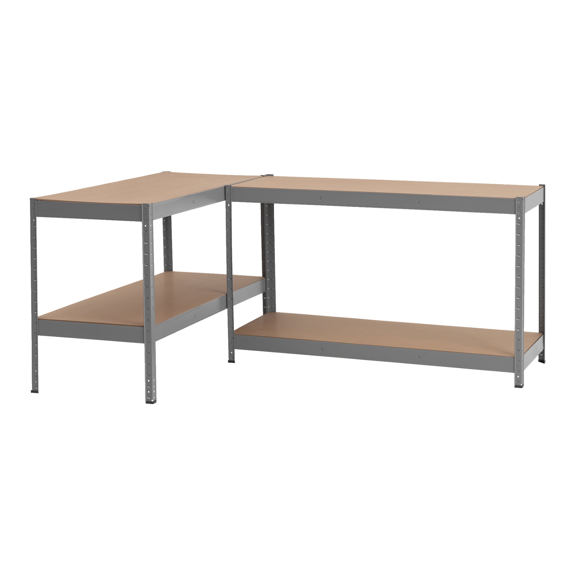 En Hard Head Storage Rack med en L-formet, to-etasjes grå metallramme og hyller med trefinish. Enheten har åpne sider og justerbare ben, egnet for bruk i garasjer eller lagringsrom. Gulvet under stativet vises ikke.