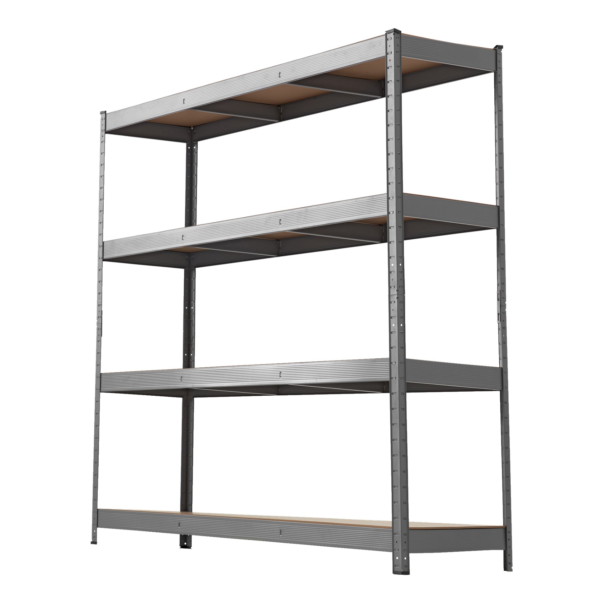 Et Hard Head Storage-stativ, en frittstående industriell metallhylle med fire tomme trehyller og solide vertikale støtter.