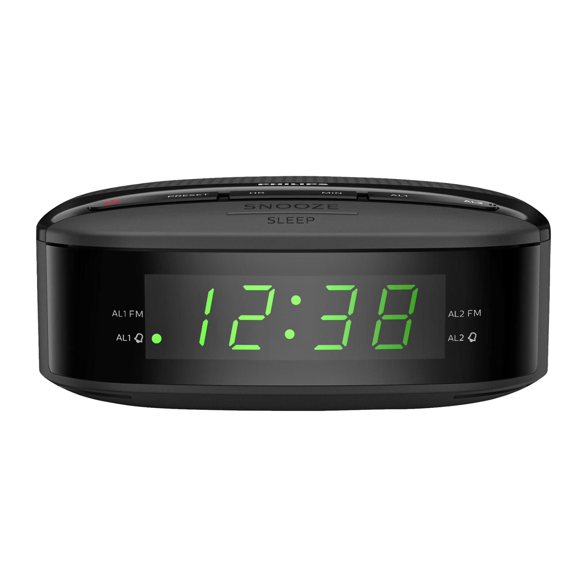 En svart Philips Clock-radio TAR3205 visar klockan 12:38 i gröna siffror. Enheten har knappar för snooze, viloläge, förinställningar, timme och minutjustering, samt indikatorer för två alarminställda inställda på FM-radio.
