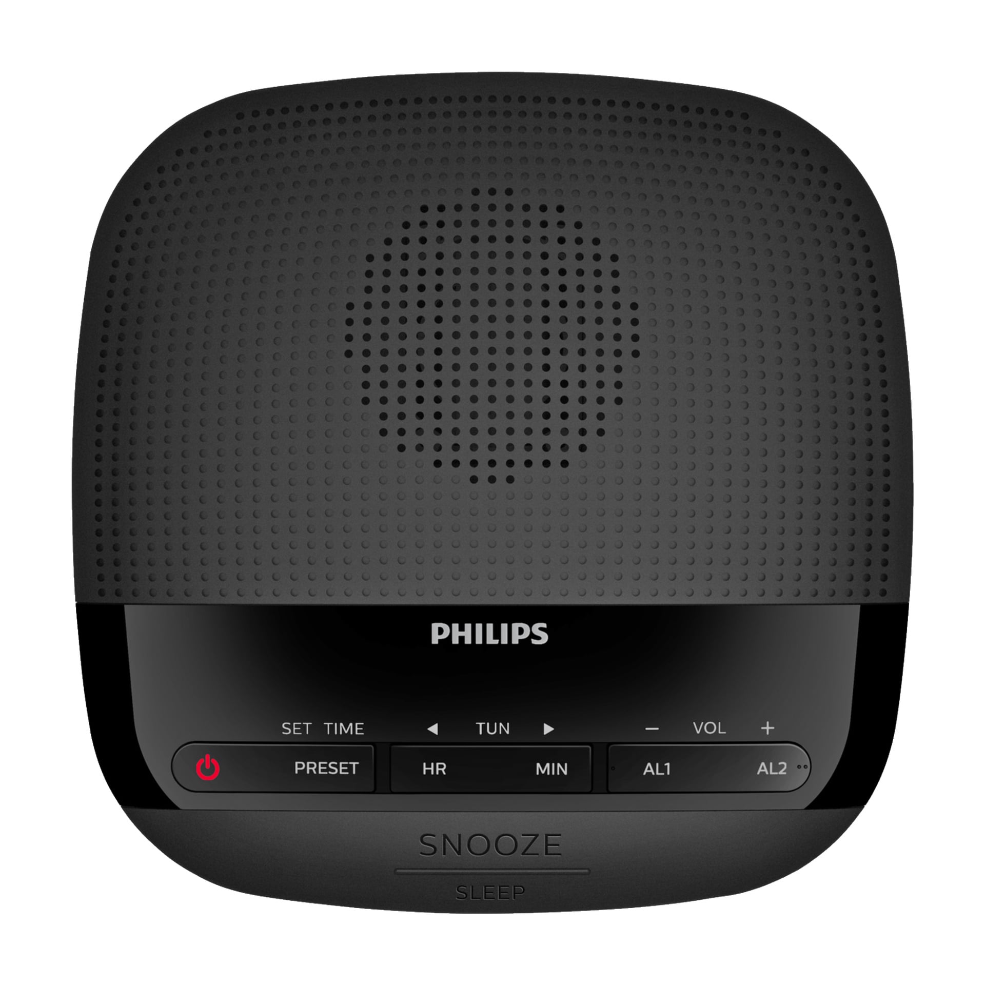 En svart Philips TAR3205 klockradio med perforerad högtalare och tydligt markerade knappar för tid, förinställningar, inställning, volym och alarm. En framträdande snooze-/viloknapp är placerad längst ner.