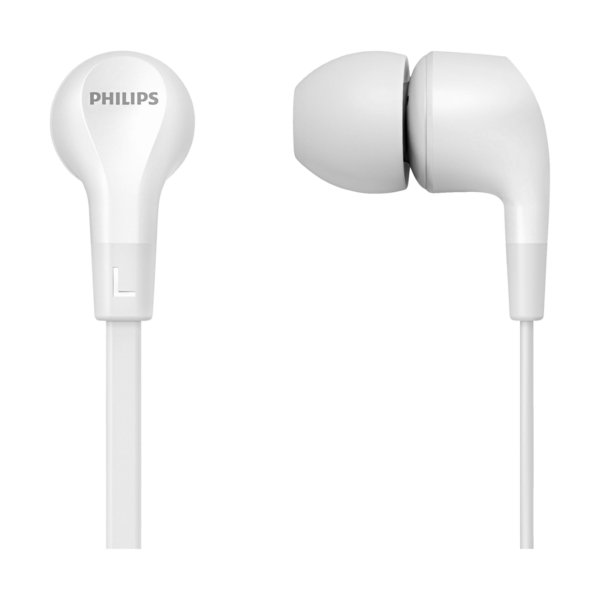 Två vita Philips E1105 in-ear-hörlurar visas; en visar yttersidan med Philips-logotypen och ett "L" för vänster, medan den andra framhäver öronproppen och sidoprofilen.