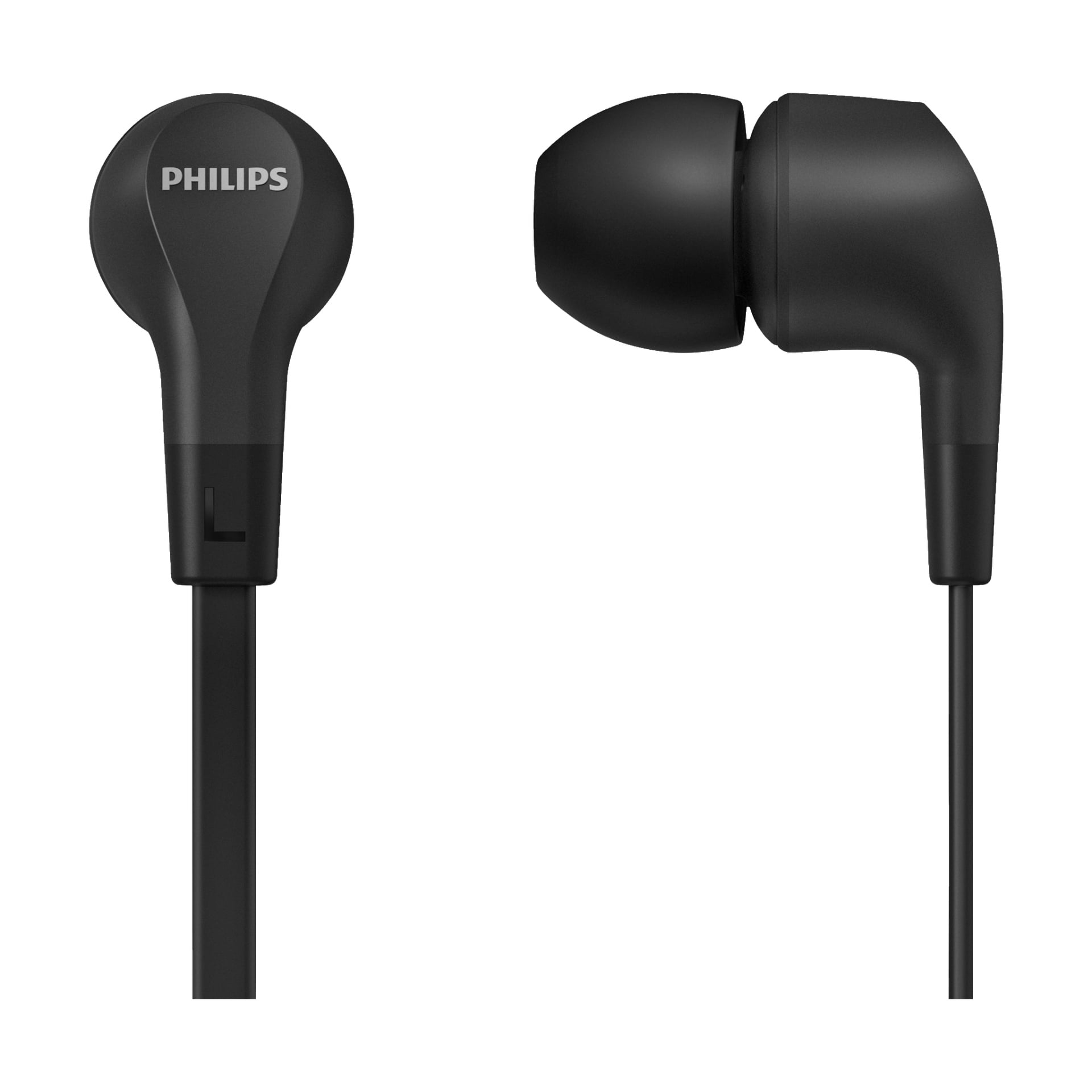 Ett par svarta Philips E1105 in-ear-hörlurar visas, där ena hörlurarna visar Philips-loggan framifrån och den andra framhäver hörlurens sidoprofil och silikonpropp. Båda har platta kablar.