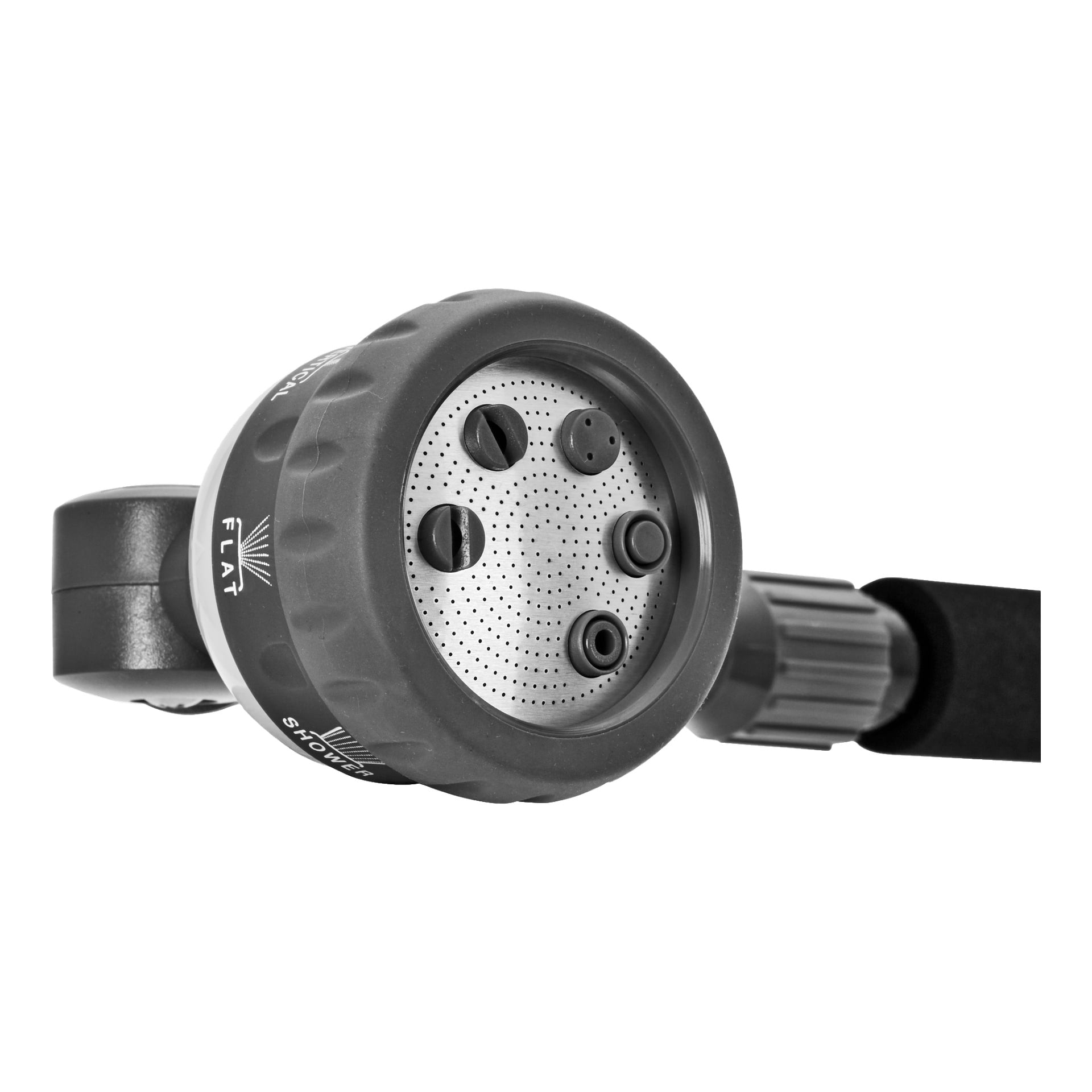 En svart och silverfärgad Hard Head Sprinkler-stav med justerbara sprayinställningar, fångad i närbild med handtags- och munstyckskontrollerna tydligt synliga.
