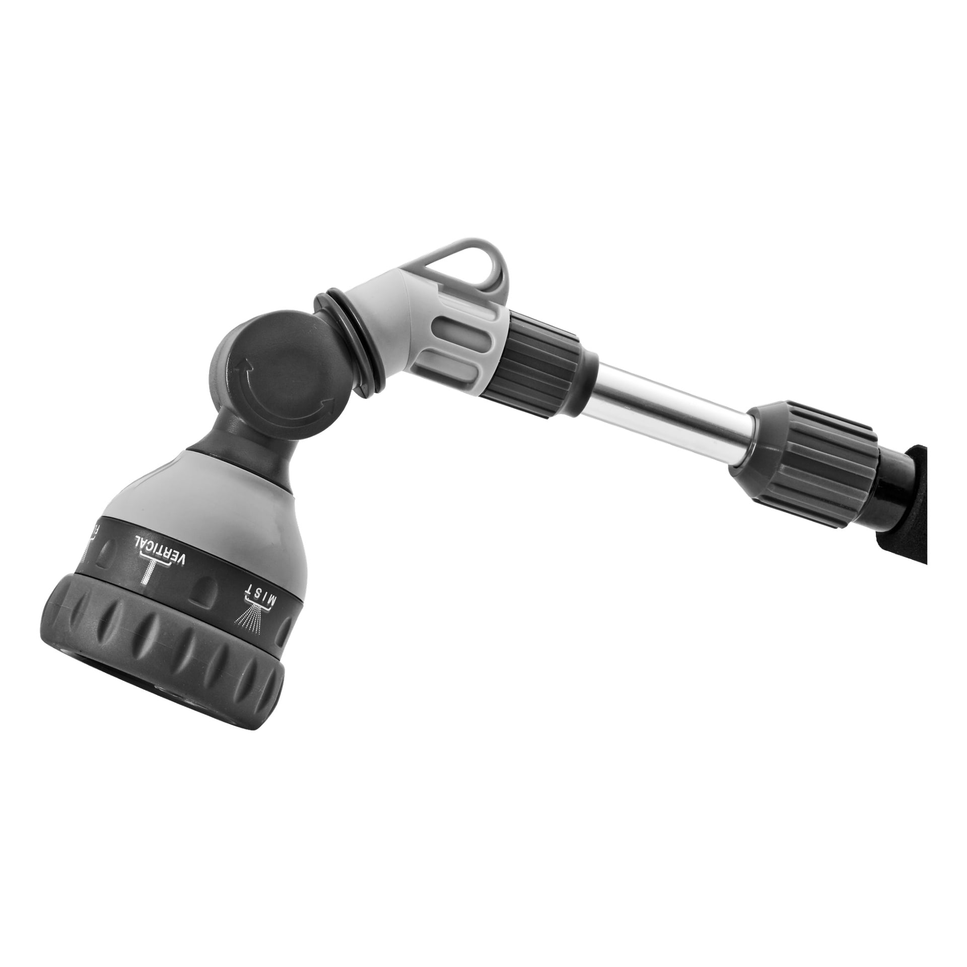 Närbild på Hard Head Sprinkler-stången som visar dess justerbara svarta och grå plastkropp, ett roterande huvud och ett utdragbart metallhandtag.