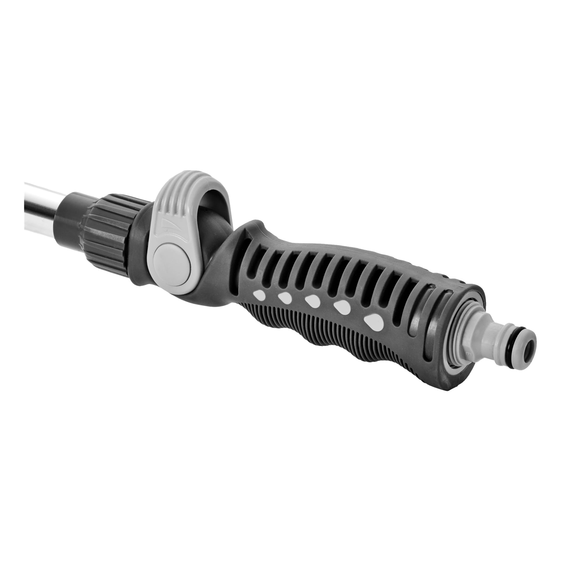 Närbild av en Hard Head Sprinkler-stav, som visar dess svarta och grå plastsprutmunstycke med ett texturerat grepp och en justerbar ratt, gjord för att koppla till trädgårdsslangar eller relaterade verktyg.