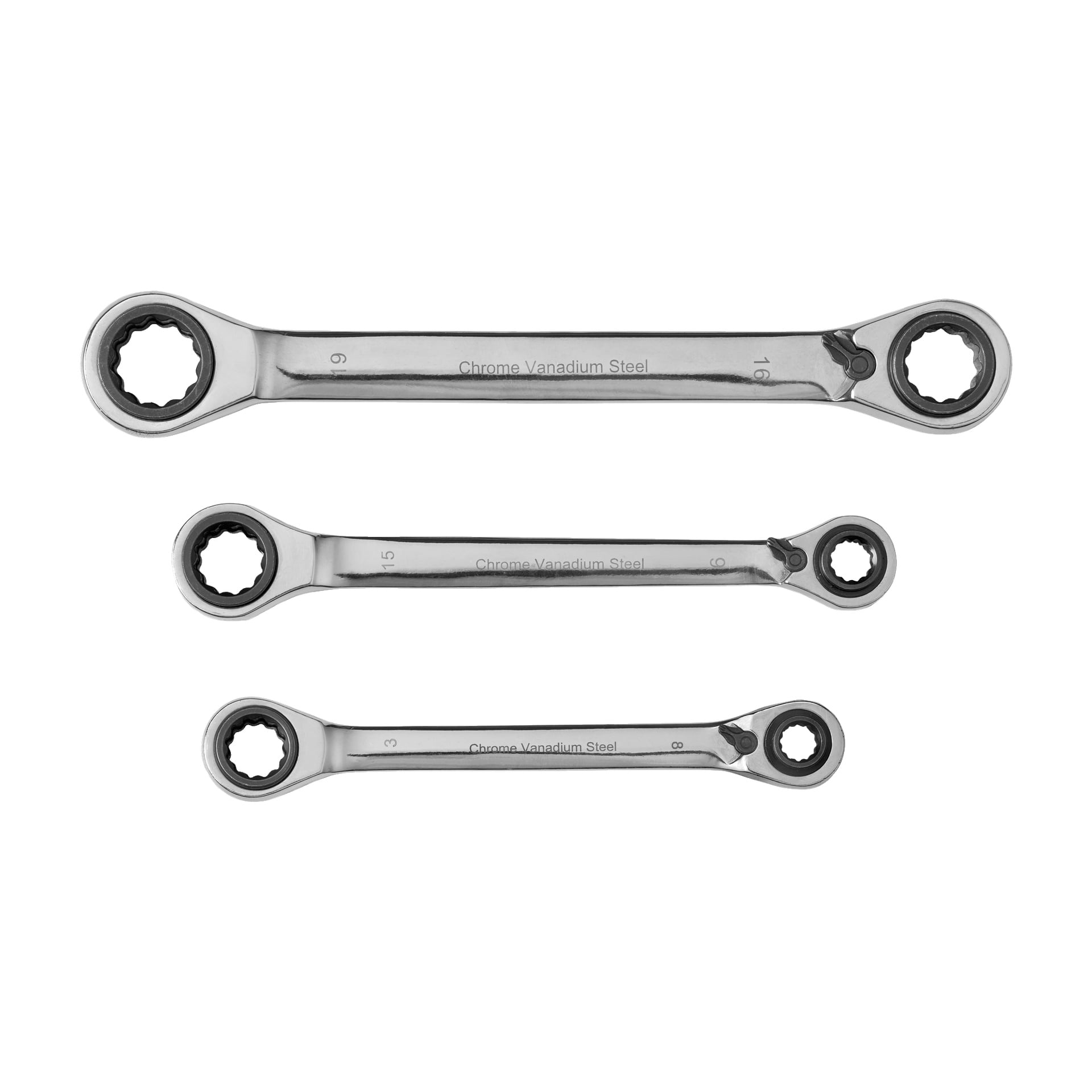 Tre Meec Tools Ratchet-nøkler laget av kromvanadiumstål, utstilt side om side. Hver skiftenøkkel i settet har lukkede ringer i begge ender.