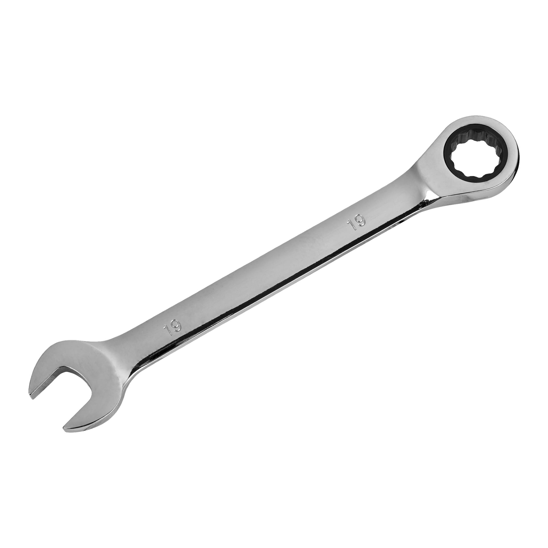 En sølvfarget Meec Tools kombinasjonsnøkkel fra et 12-delt skralle/skiftenøkkelsett har en åpen ende på den ene siden og en lukket skrallering på den andre. Tallet 19 er stemplet på den, noe som indikerer størrelsen på 19 mm.