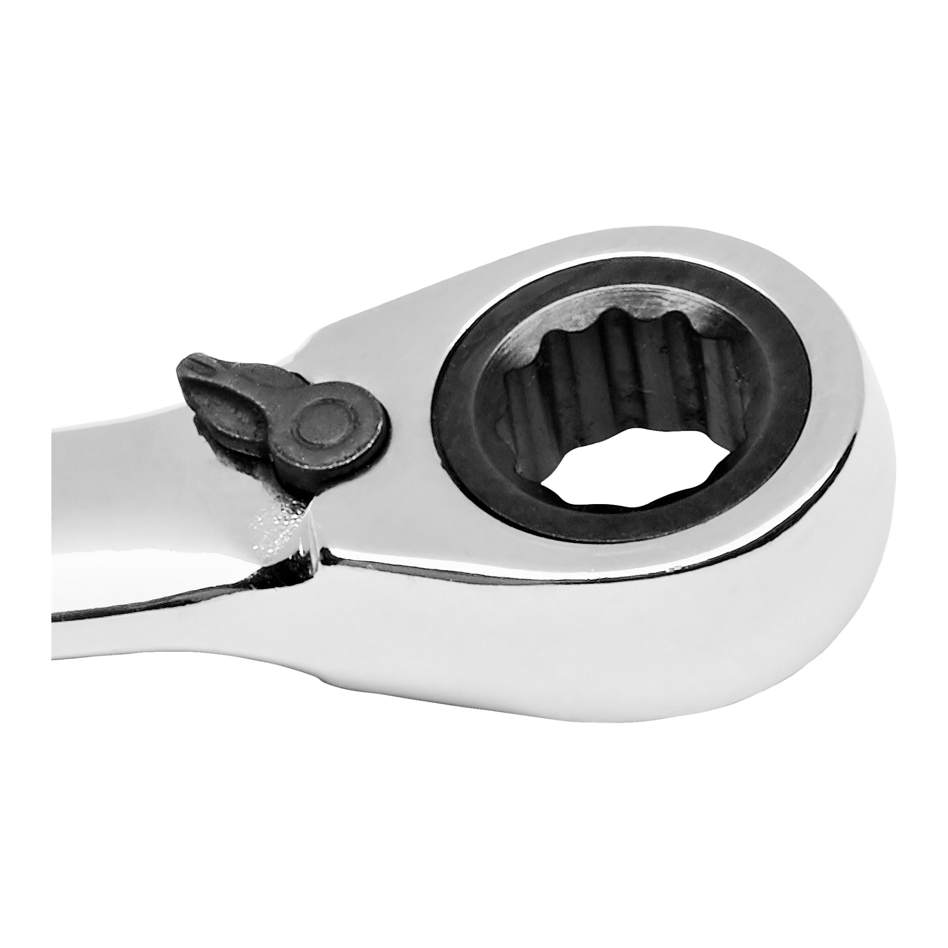 Nærbilde av Meec Tools Ratchet/kombinasjonsskiftenøkkel som viser det blanke kromhodet, den svarte girmekanismen og bryterspaken.