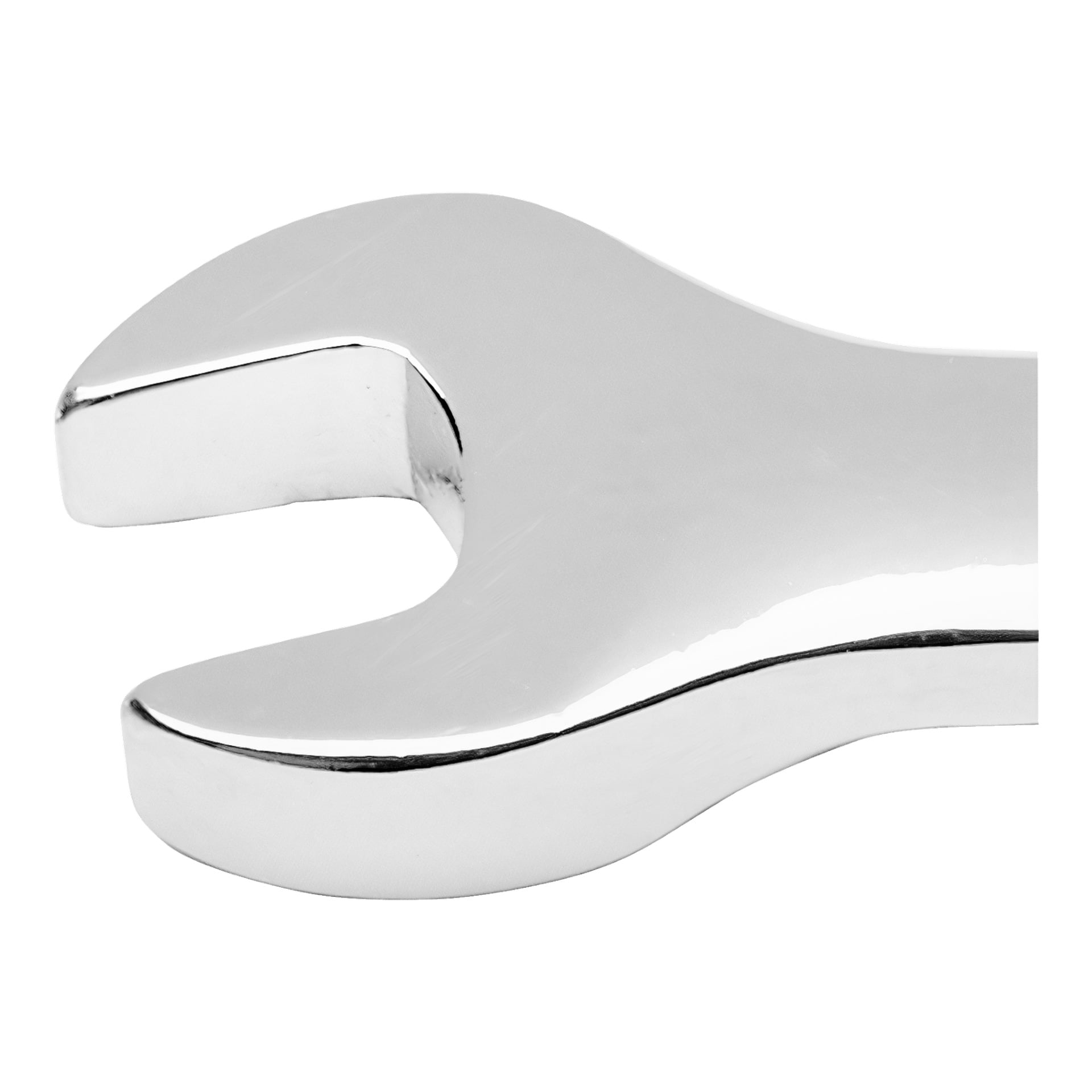 Nærbilde av en skinnende Meec Tools Ratchet/kombinasjonsnøkkel, med fokus på de buede kjevene og polerte metallfinishen.
