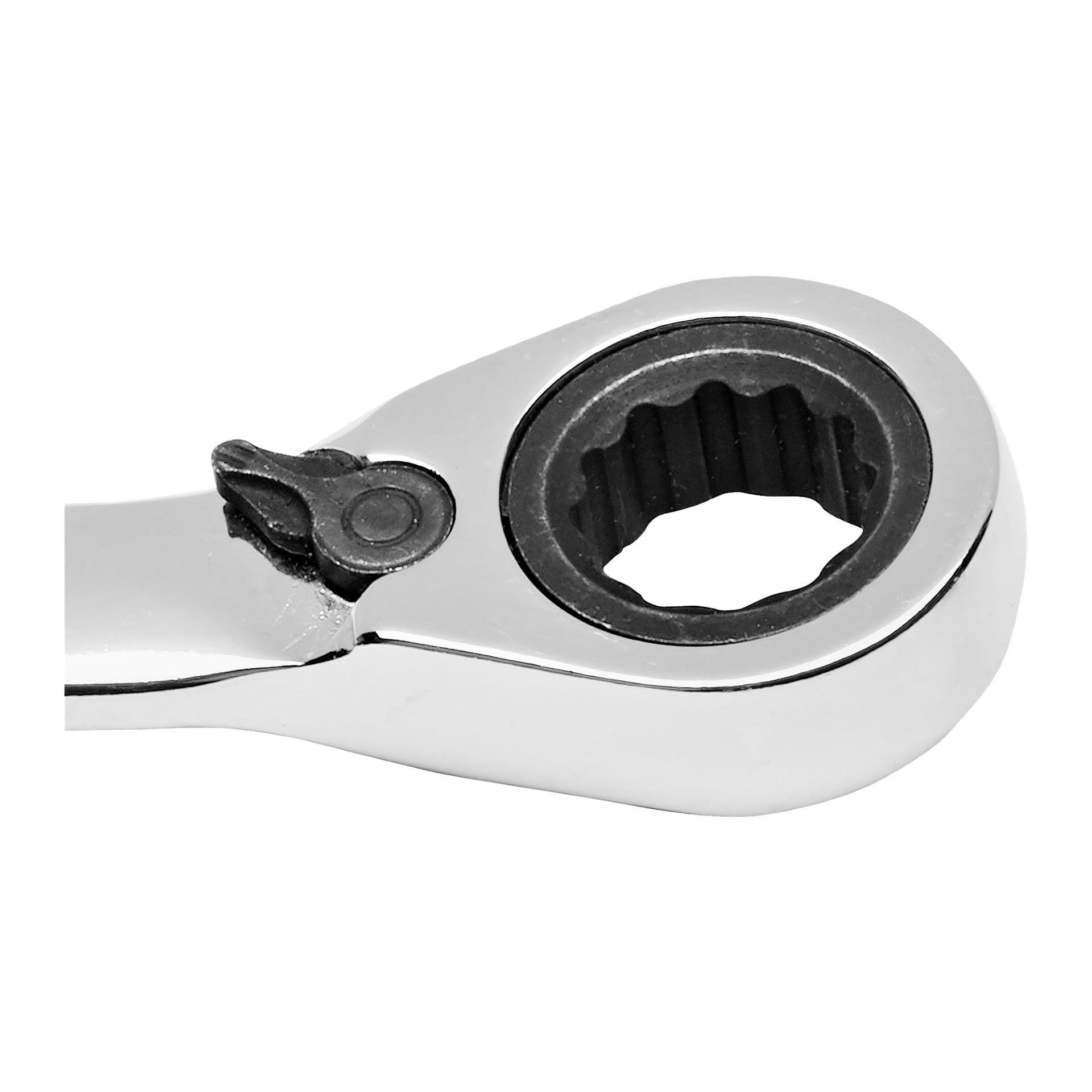 Et nærbilde av Meec Tools Ratchet/Combination Spanner viser det polerte metallhodet med en rund, tannet pipe og en liten spak for å endre skralleretning.