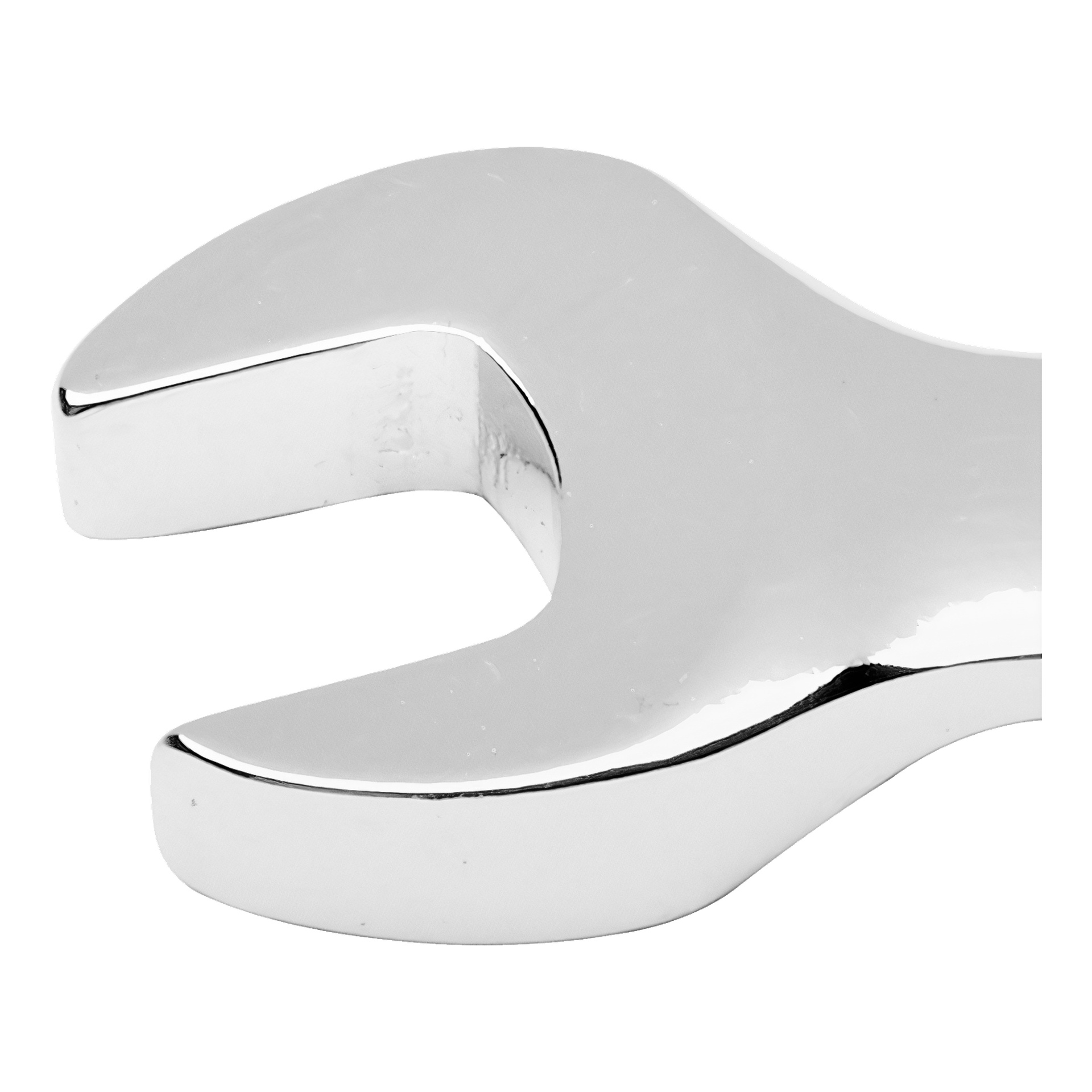 Detaljert nærbilde av den åpne enden av en Meec Tools ratchet og kombinasjonsskiftenøkkel, med polert metallfinish og skrå kjever bygget for å gripe og rotere muttere eller bolter.