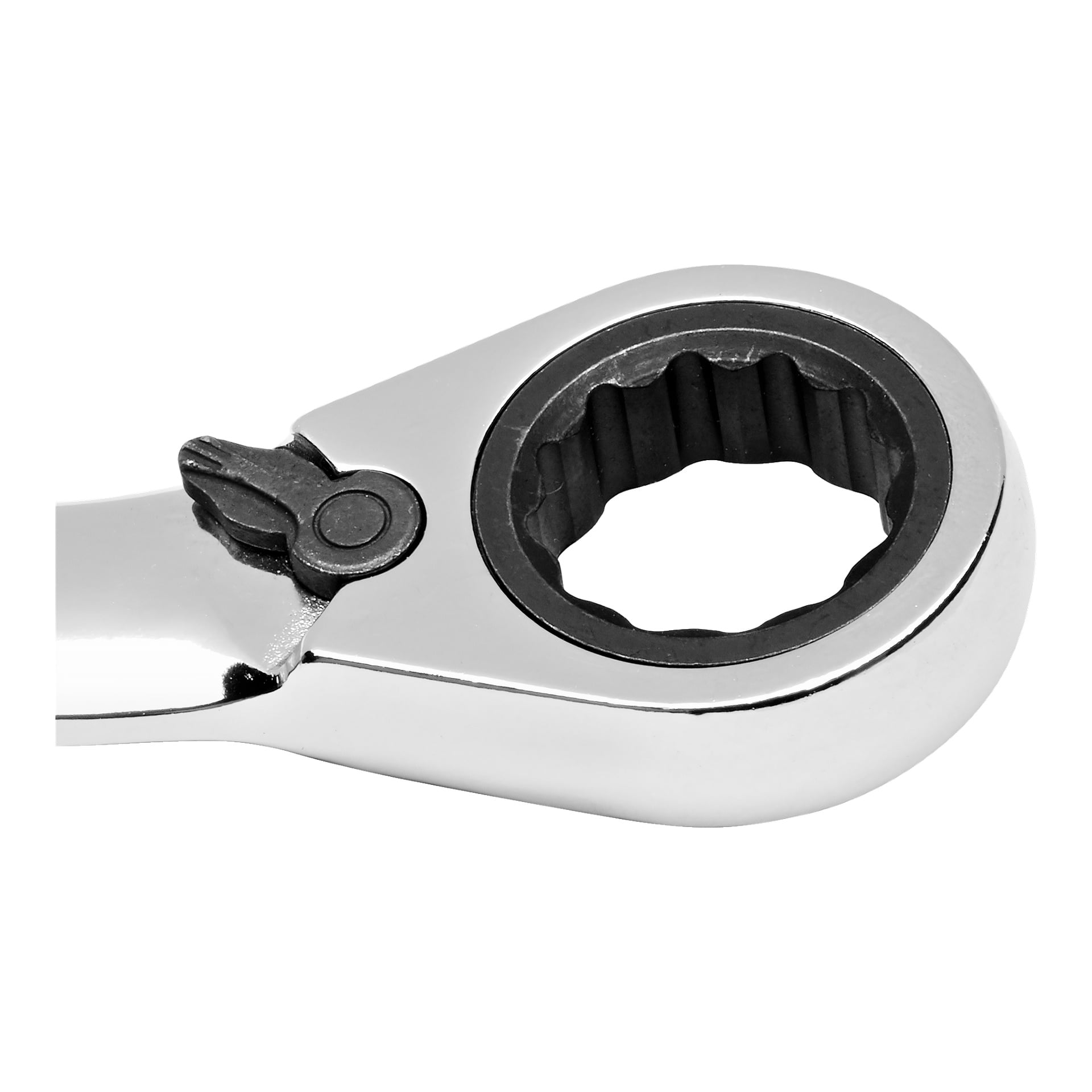 Detaljert nærbilde av Meec Tools Ratchet/Combination Spanner-hodet, som viser tannhjulsmekanismen og bryterspaken for å justere festeretningen.