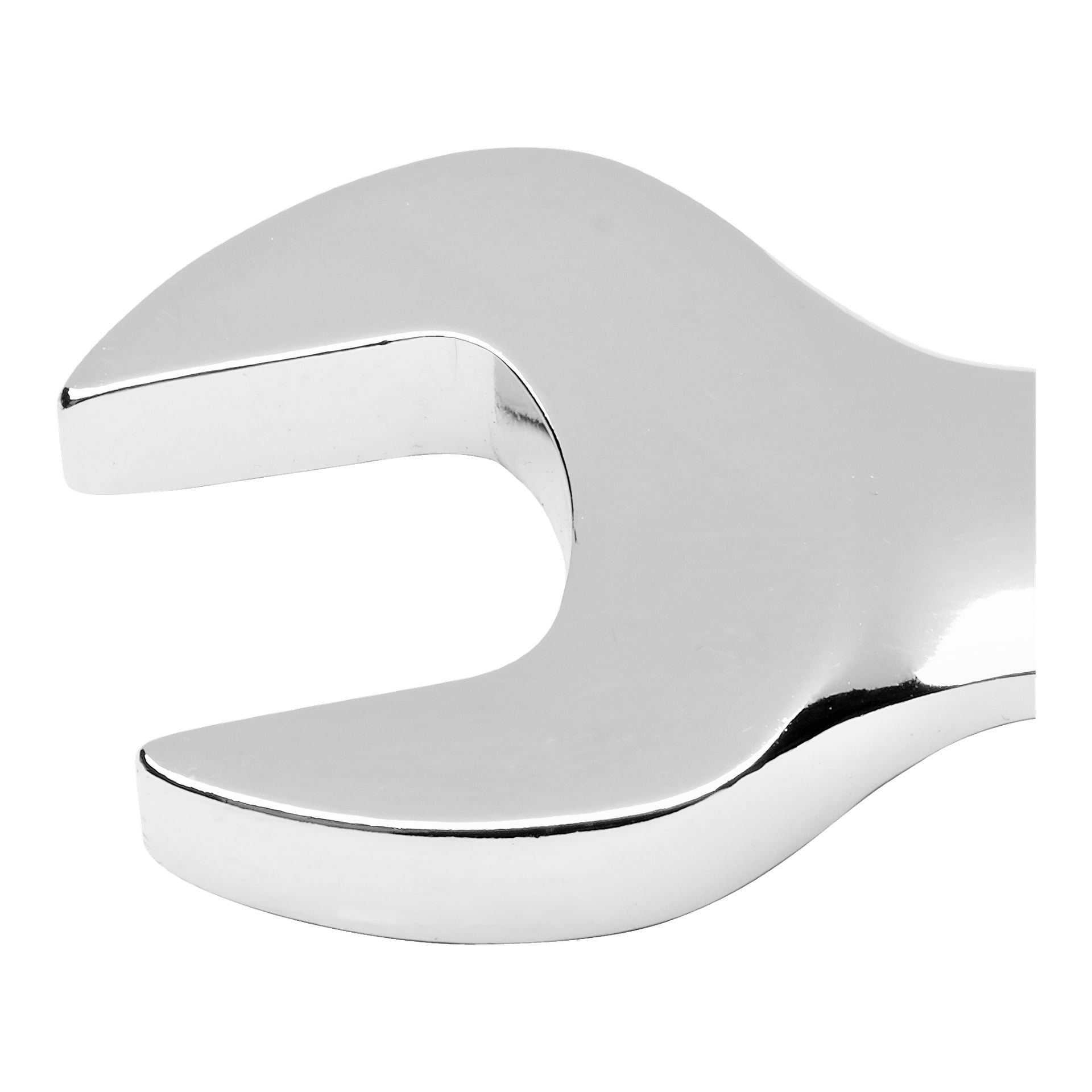 Nærbilde av hodet på en skinnende, sølvfarget Meec Tools-skralle og kombinasjonsskiftenøkkel, som fremhever den glatte metallfinishen og detaljerte kjeven.