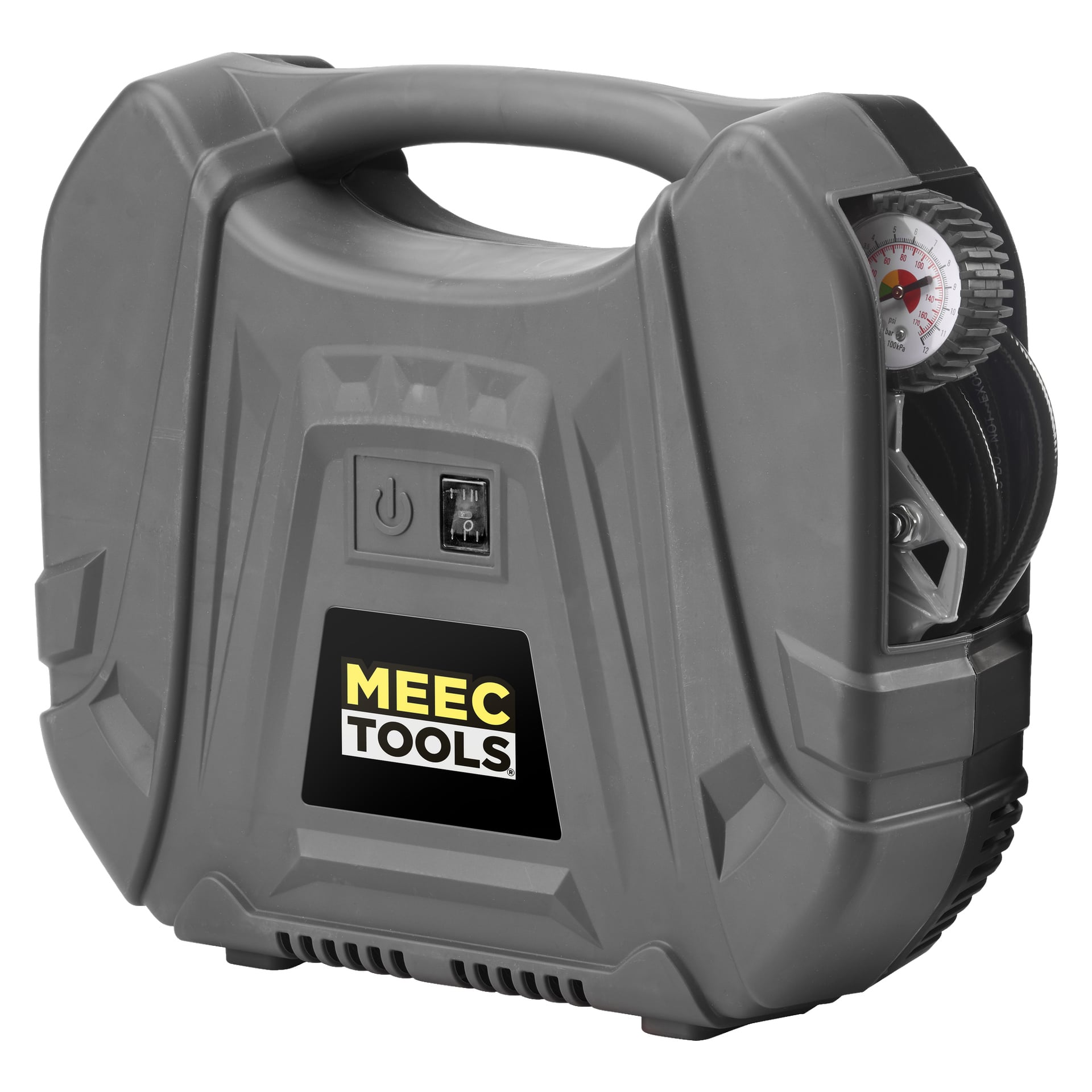 Ein kompakter Meec Tools Kompressor mit grauem Kunststoffgehäuse, Tragegriff, Druckanzeige und dem Meec Tools-Logo auf der Vorderseite. Er enthält einen Power-Knopf und einen externen Schalter.