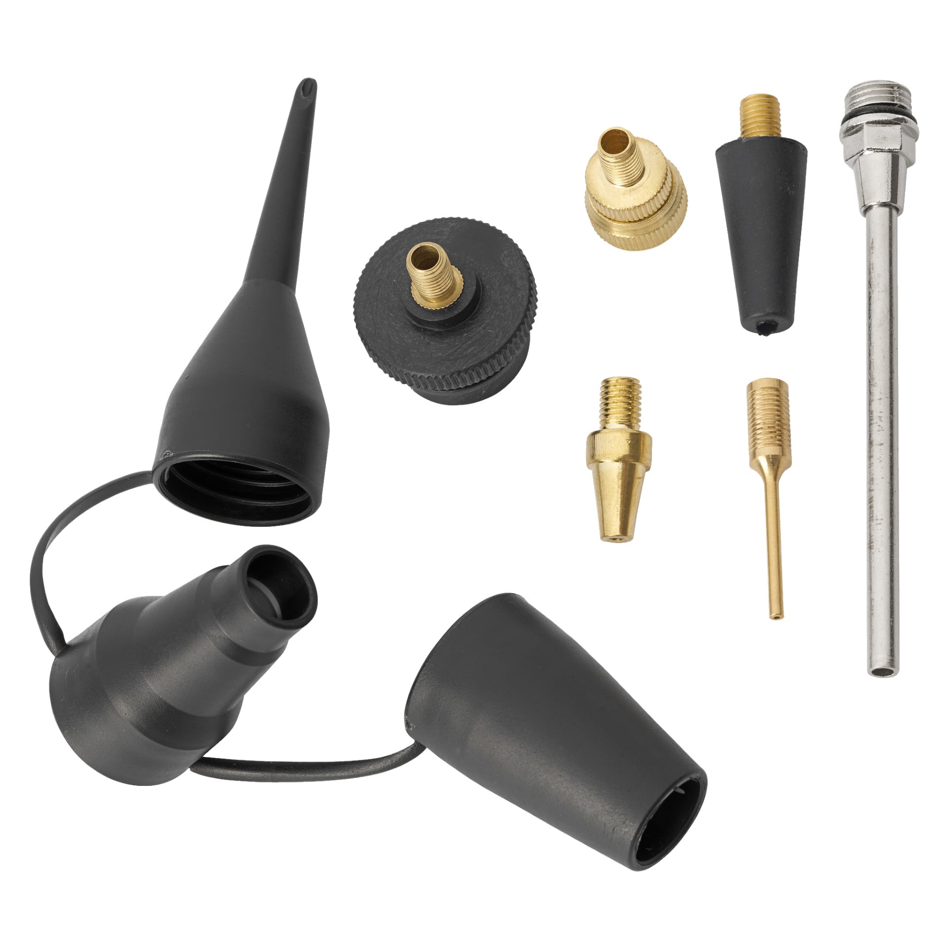 Eine Sammlung von Meec Tools Compressor Luftpumpen-Adapterdüsen und -verbindern aus schwarzem Kunststoff und Messing. Das Sortiment umfasst kegelförmige, nadelförmige und gewindeförmige Adapter in verschiedenen Formen und Größen.