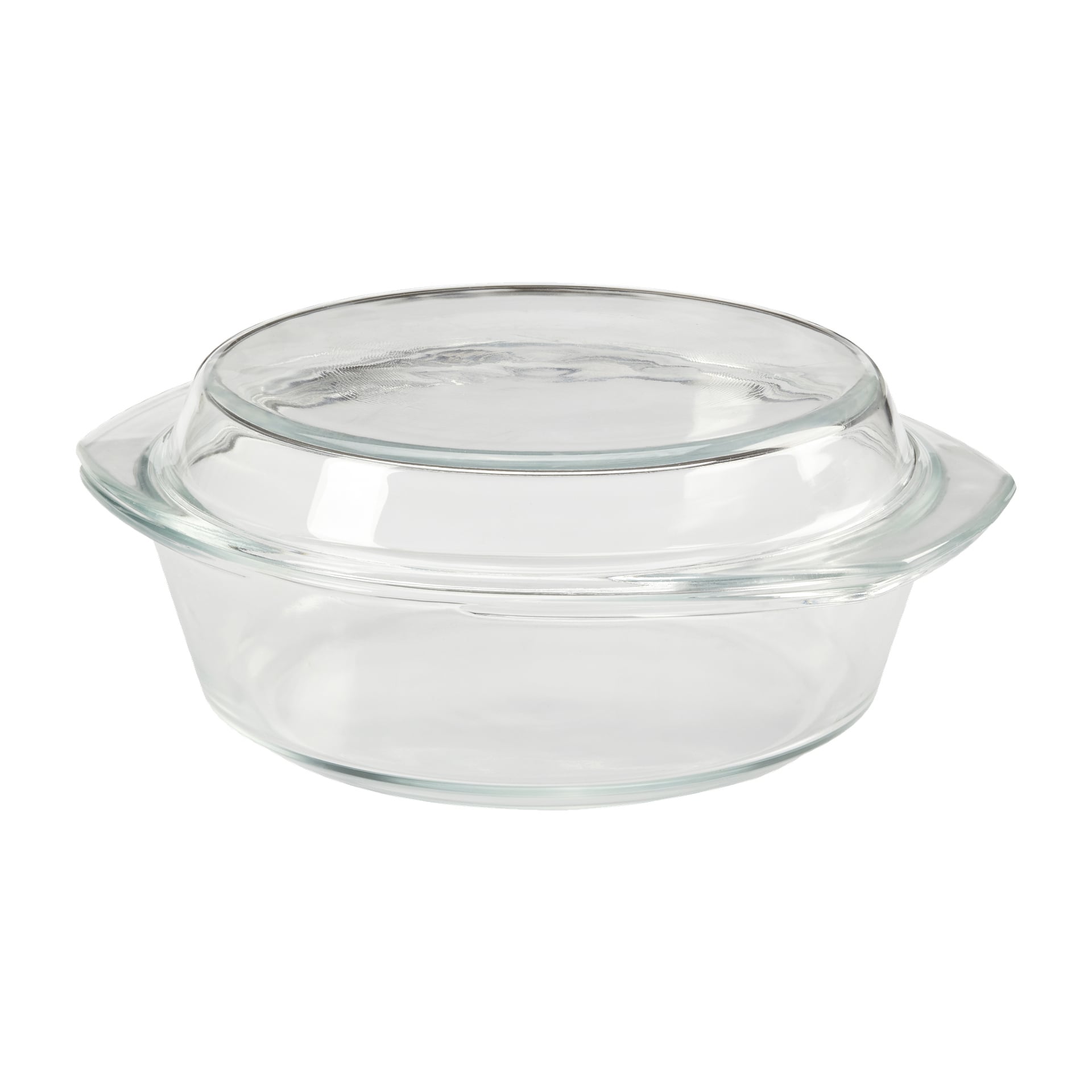 Menuettugn: en rund ugnform i glas med integrerade handtag och matchande glaslock.