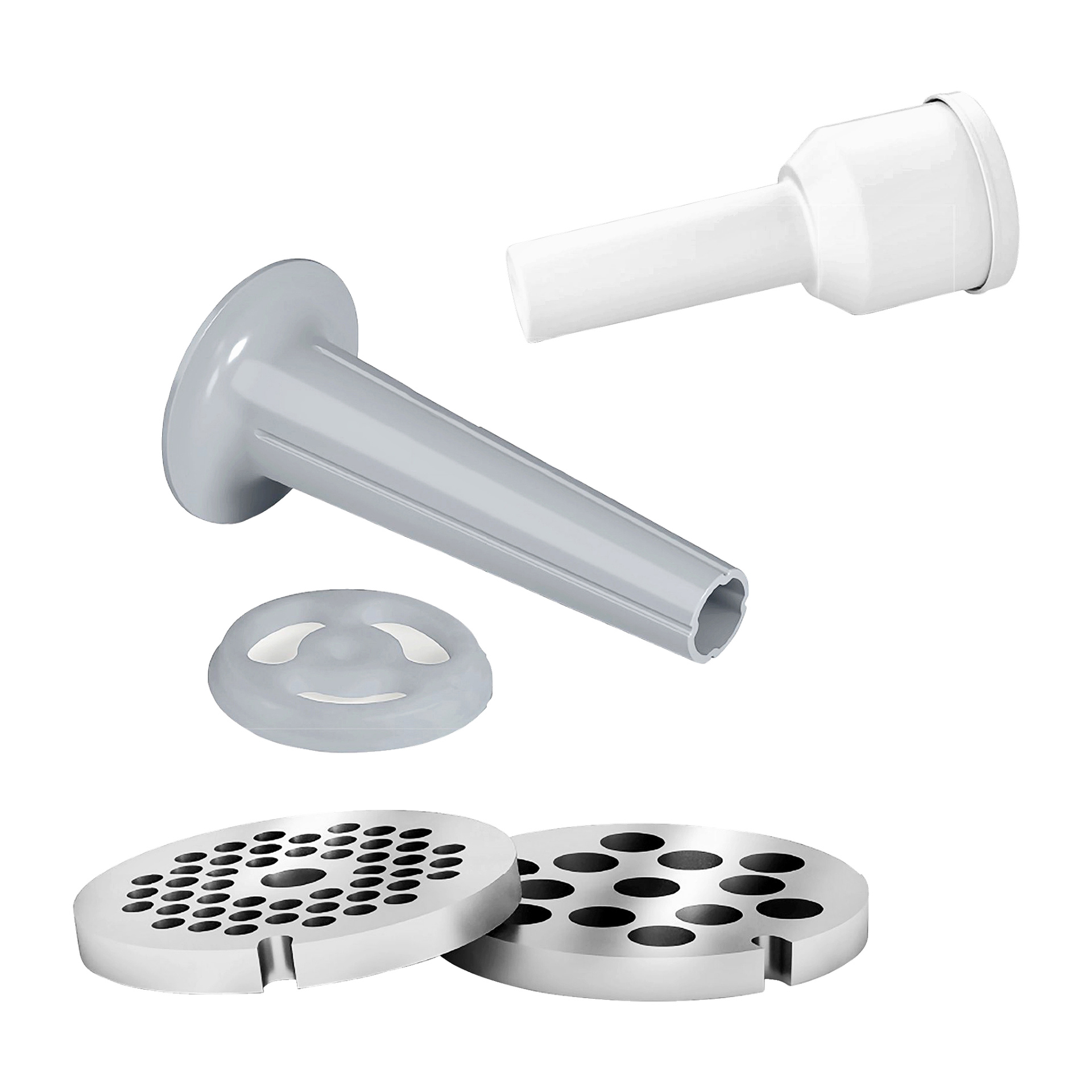 Fyra tillbehör för Bosch Home Meat mincer MFW2510W – två malplattor, en korvtratt och en plastadapter – gjorda av vit plast och metall är prydligt arrangerade.