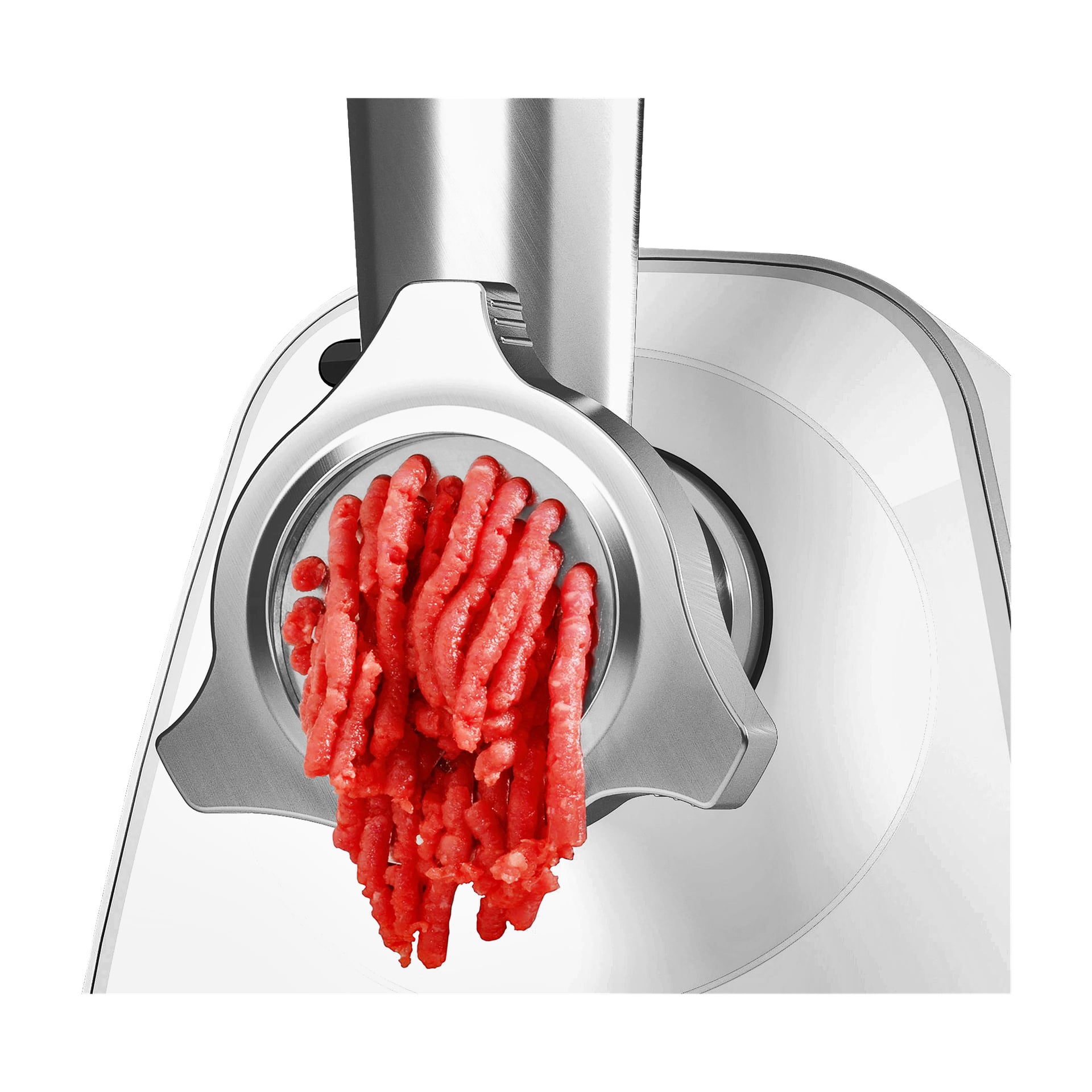 Köttfärs som kommer ur Bosch Home Meat mincer MFW2510W, en vit köksapparat med metallkvarn.