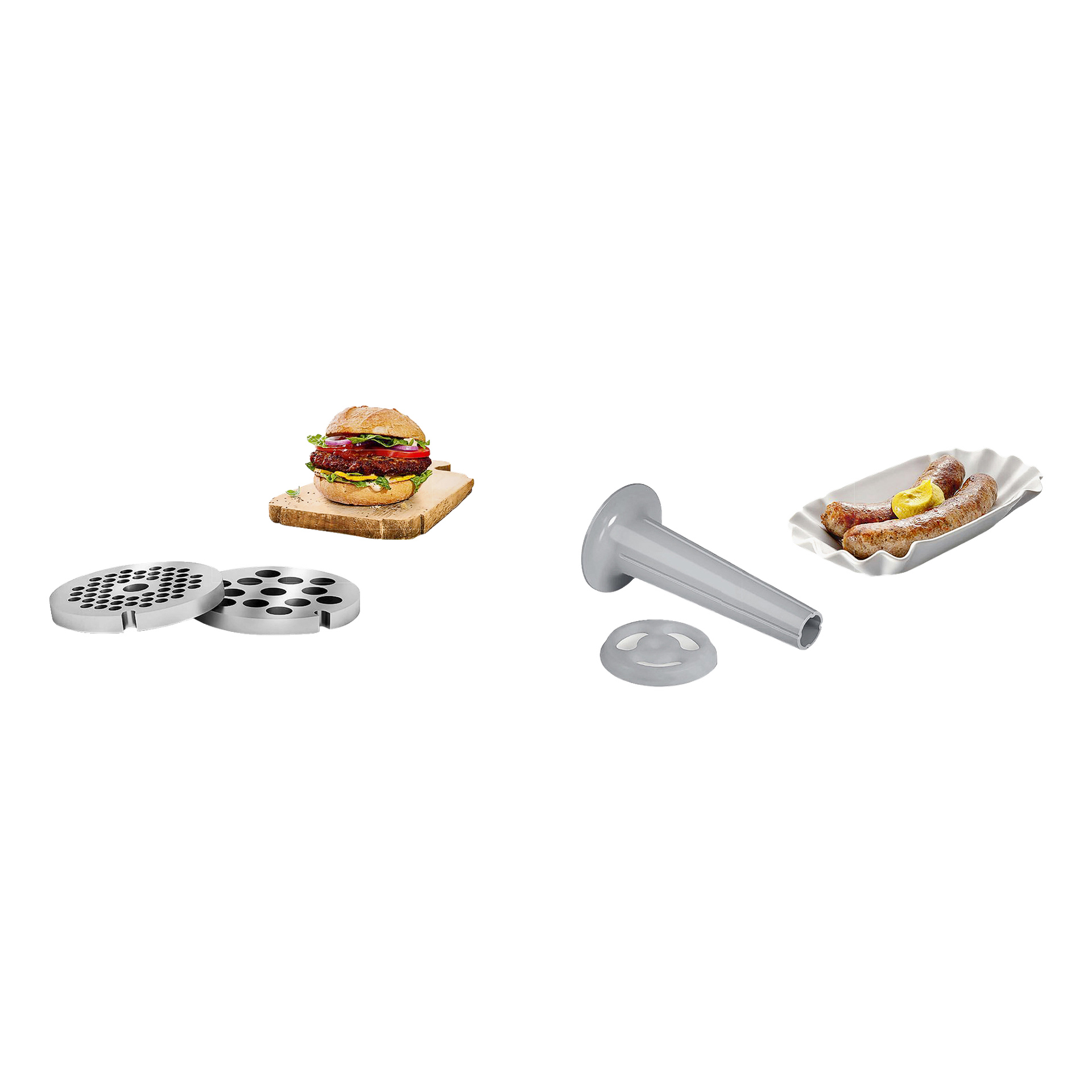 Bosch Home Meat hackhack MFW2510W finns med två metallmalningstallrikar, en korvfyllning, en smiley-utskärningstallrik och två korvar tillsammans med senap.
