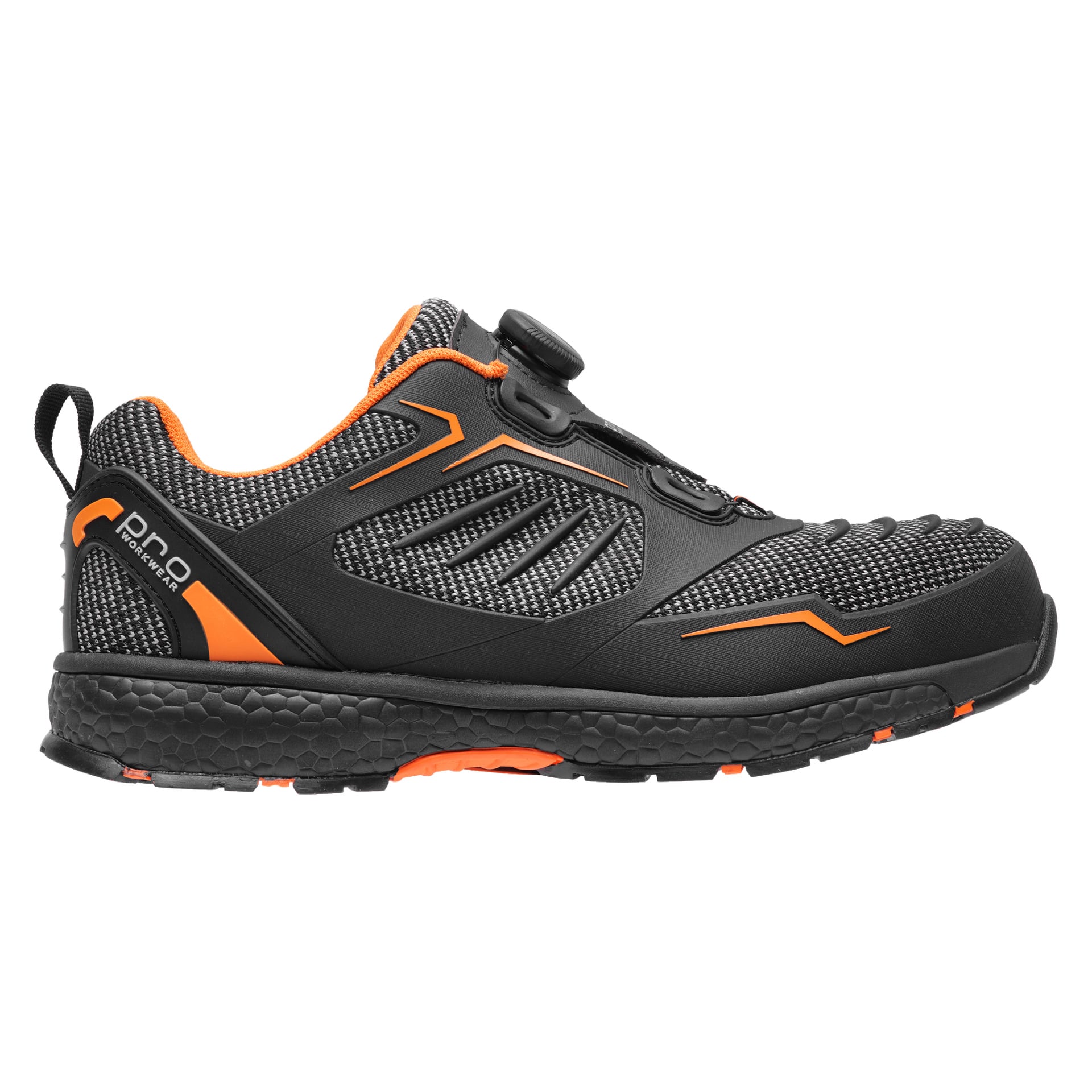 En sidovy av Bluewear Pro Workwear Safety skorna Madison framhäver deras svarta och grå texturerade tyg, klara orange detaljer, stadiga gummisula och innovativa snörningssystem med ratthastighet.