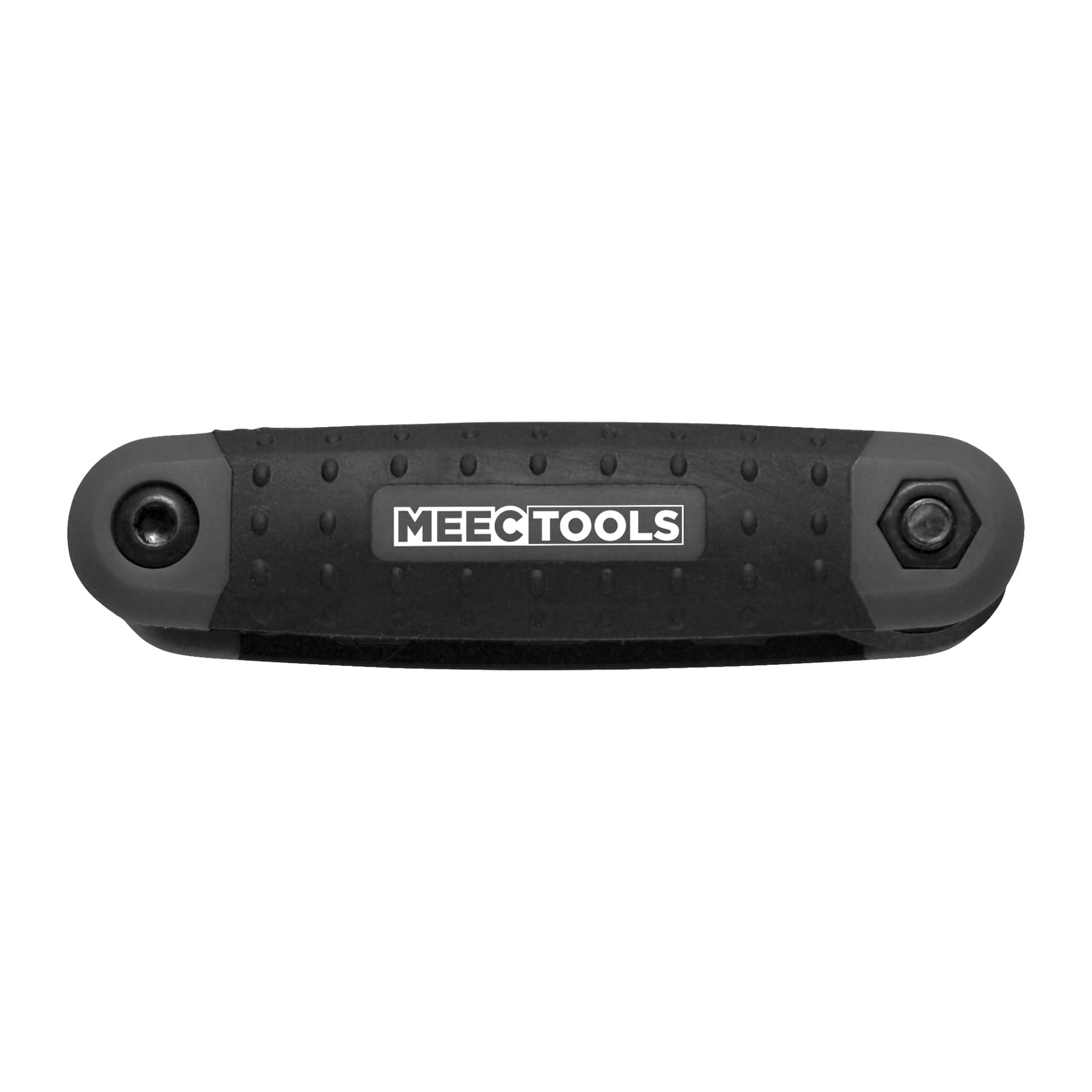 En sidovy av ett svart och grått handverktyg från Meec Tools med insexkantade tangenter med ett texturerat grepp och skruvar synliga i båda ändar.