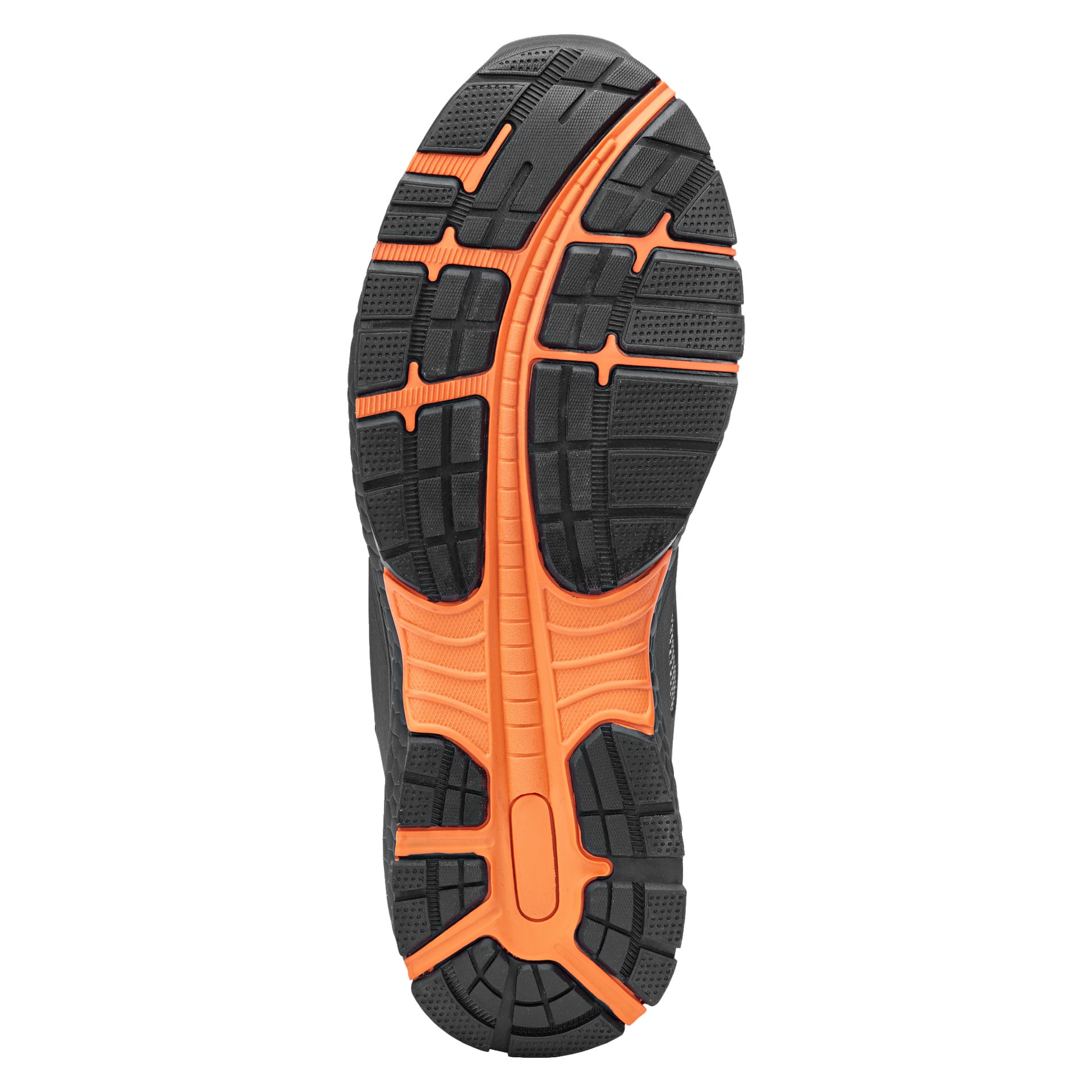 Sulan på Bluewear Pro Workwear Safety-skorna, snabbsnörd Madison-modell i svart, visar ett orange mönster med flera spår och blockmönster för bättre grepp.