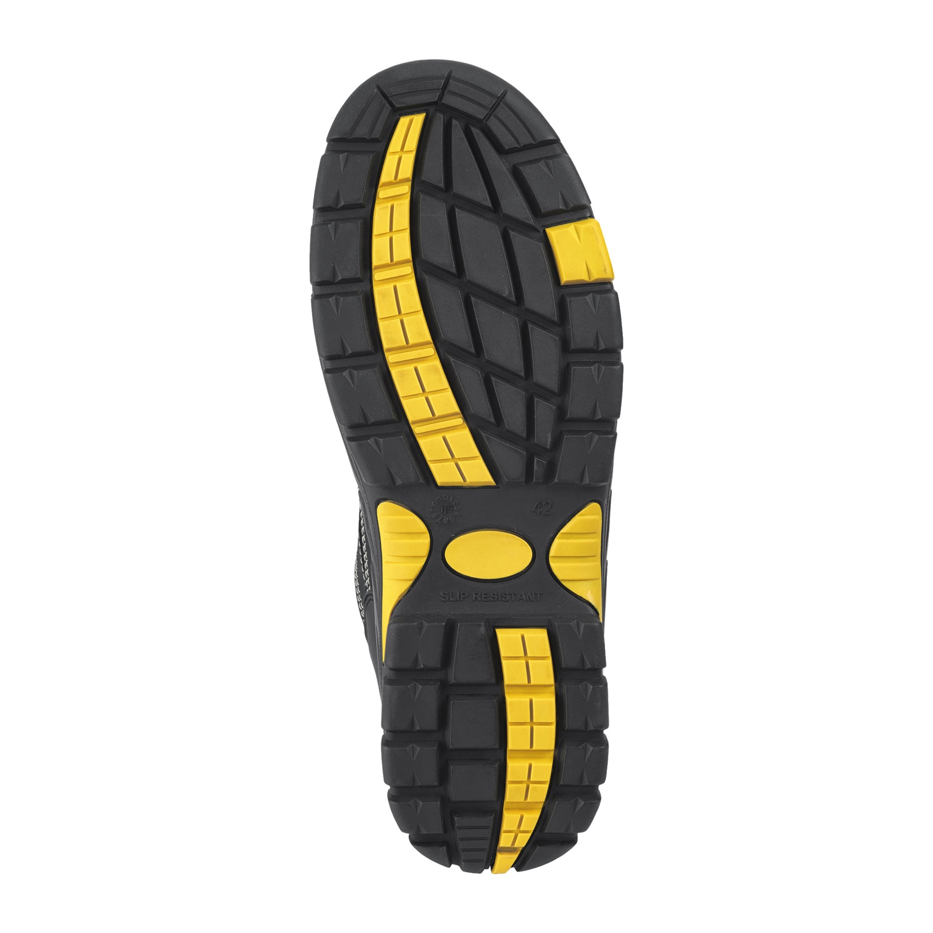 Bilden visar den svarta sulan på Bluewear Safety Shoes Boston, markerad med gula detaljer. Spåret består av framträdande spår och blockformer, och frasen SLIRRESISTENT förekommer nära mitten.