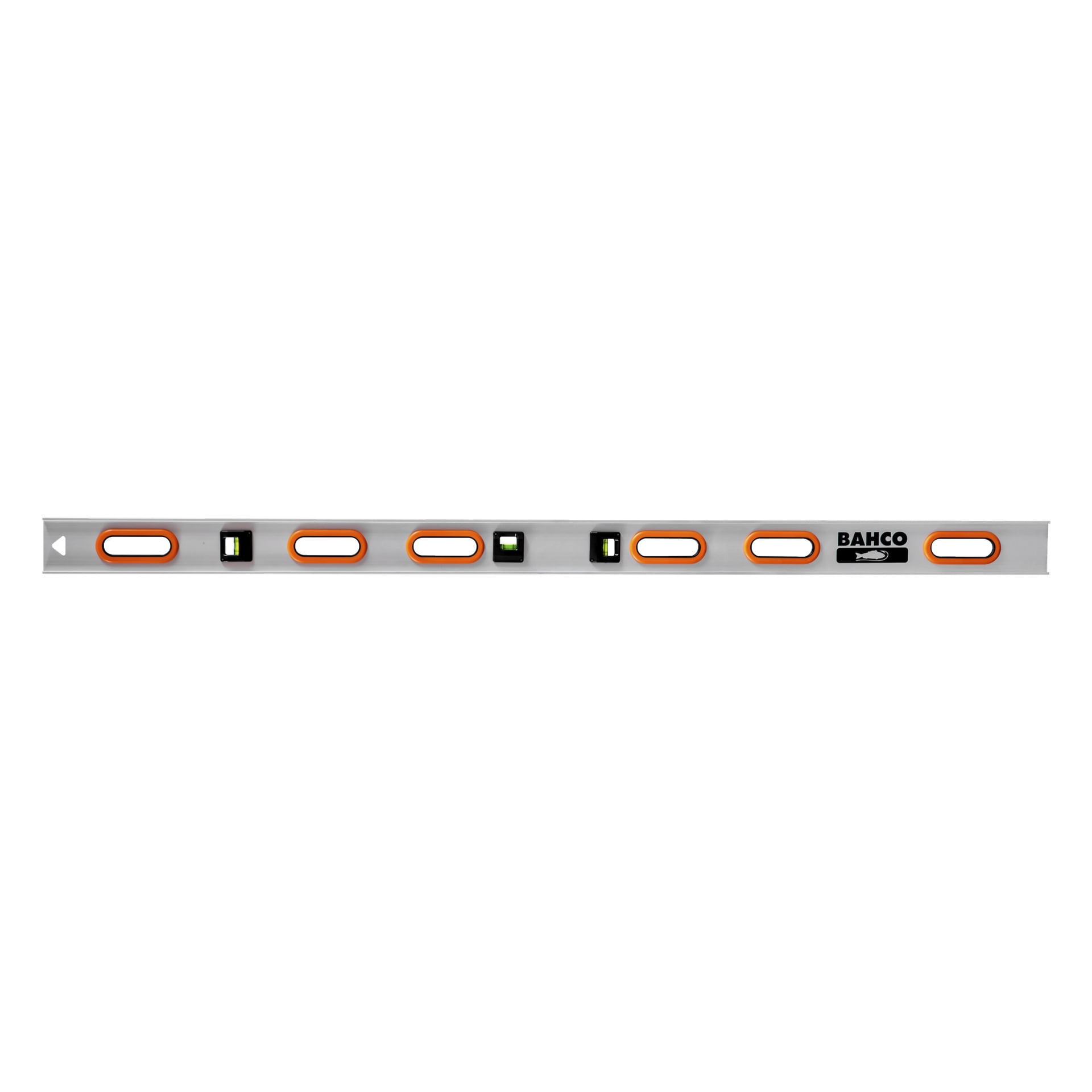 En silverfärgad Bahco-spritvattenpass med flera orange och svarta flaskor designade för att kontrollera horisontell och vertikal uppställning.