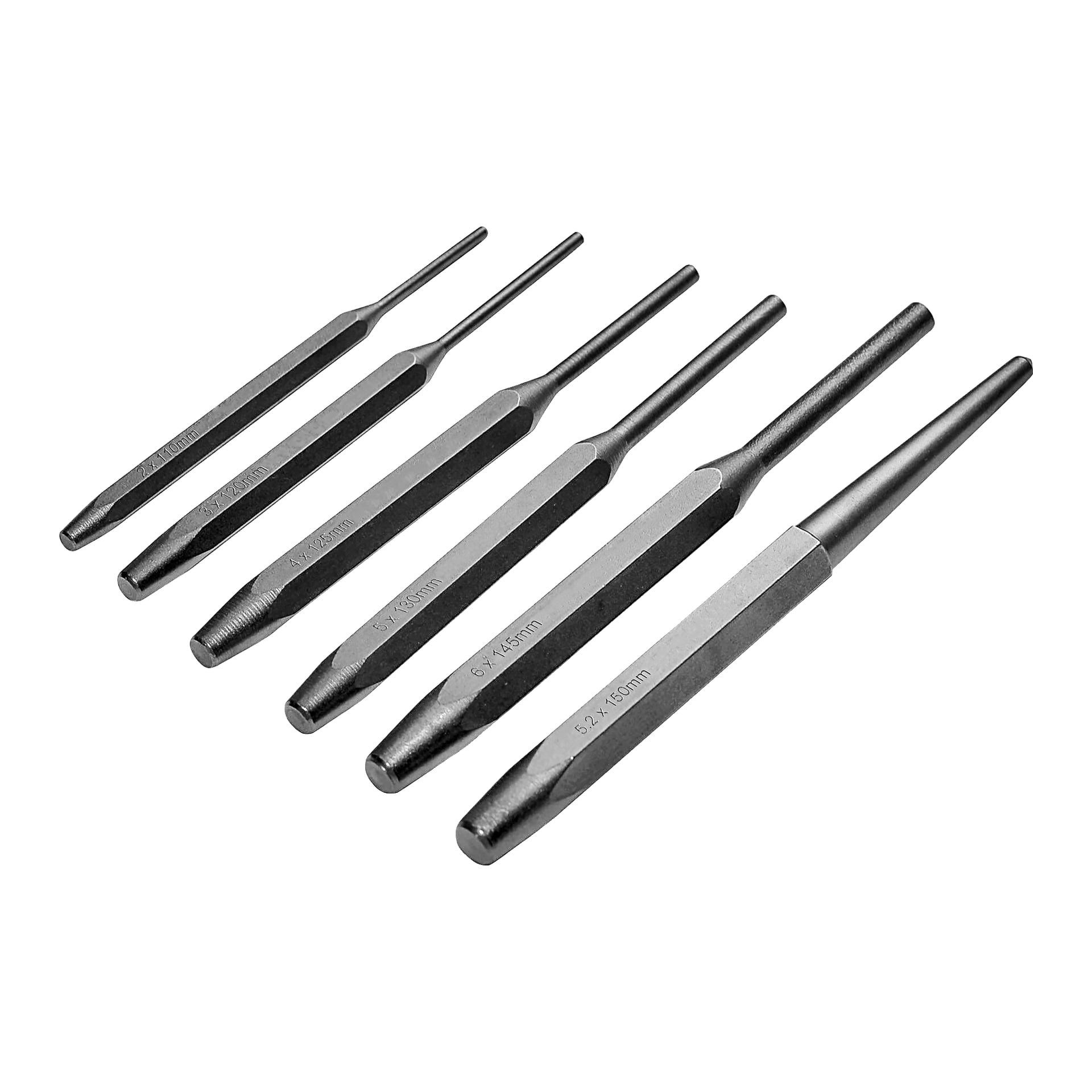 Sex Meec Tools pinpunches, med hexagonala kroppar och etsade storleksmarkeringar på sidorna, är radade upp i en rad. Varje verktyg smalnar av till en platt, spetsig spets.