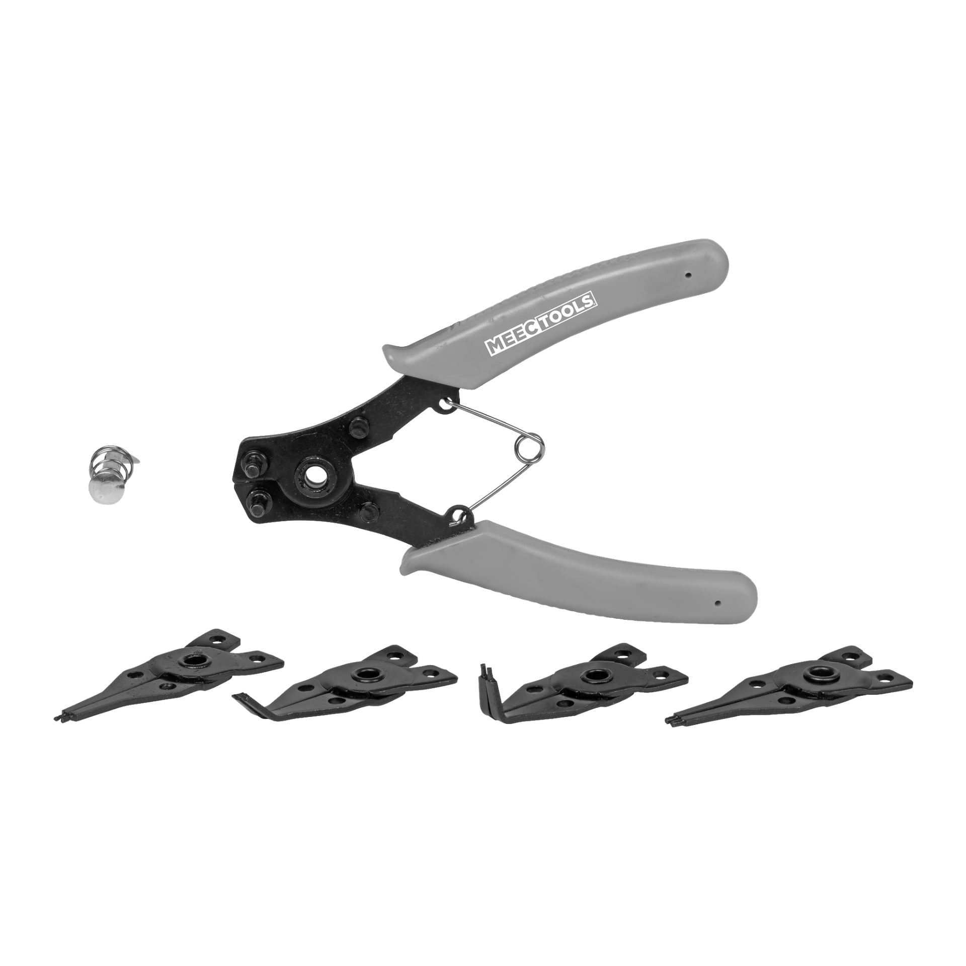Ett Meec Tools Circlip-tångset med fyra delar visas, inklusive tång med grå handtag och integrerad fjäder, en liten metalldel och fyra svarta utbytbara verktygshuvuden.