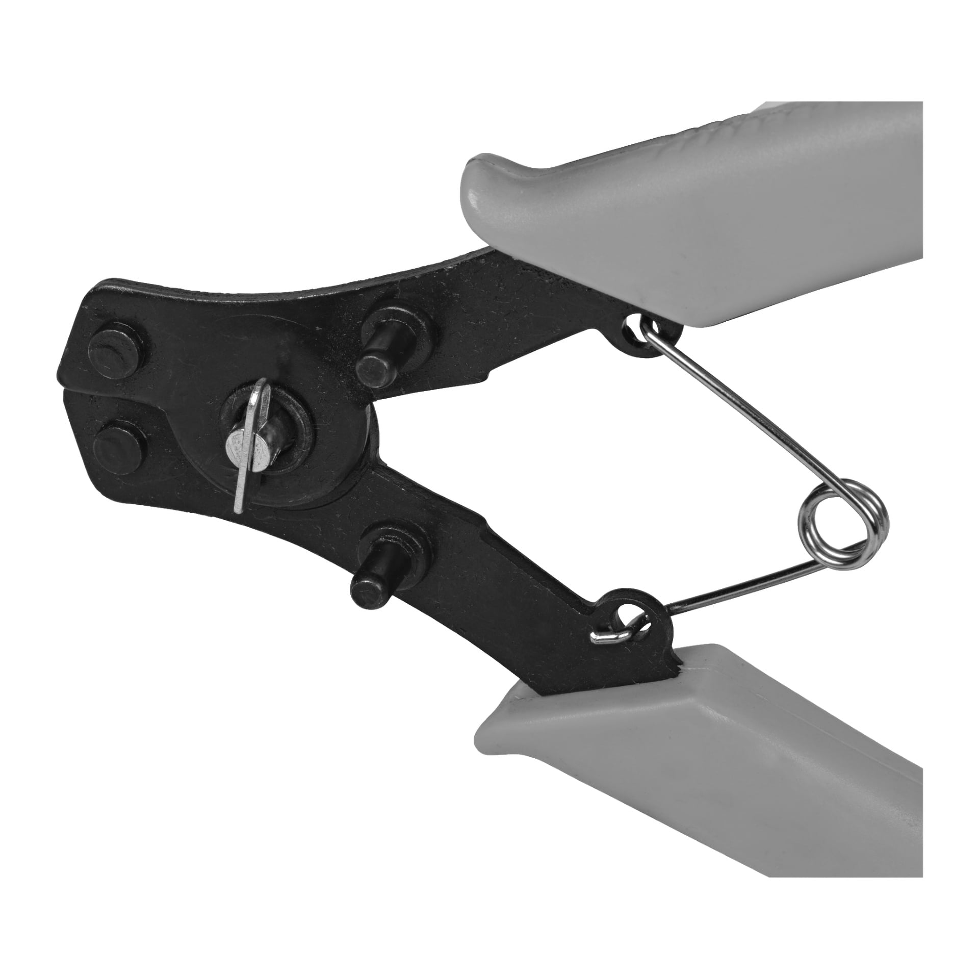 Detaljerad vy av en Meec Tools Circlip-tång från fyrdelade setet, med grå handtag, en svart metallspets med två stift för hantering av snäppringar och en fjädermekanism designad för enkel användning.