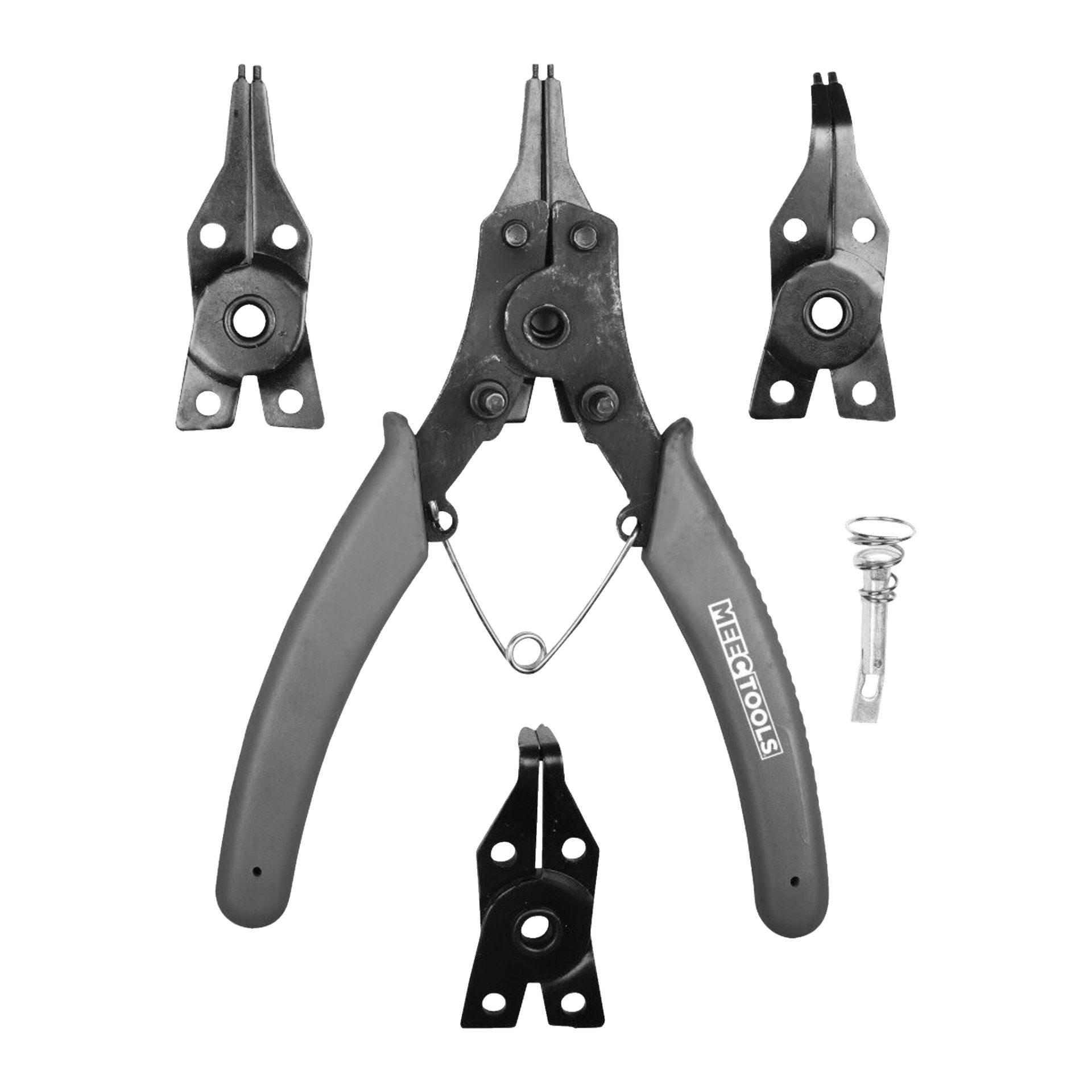 Ett Meec Tools Circlip-tängset, bestående av fyra svarta tänger med grå handtag, inkluderar fyra utbytbara spetsar och ett litet silverfäste.