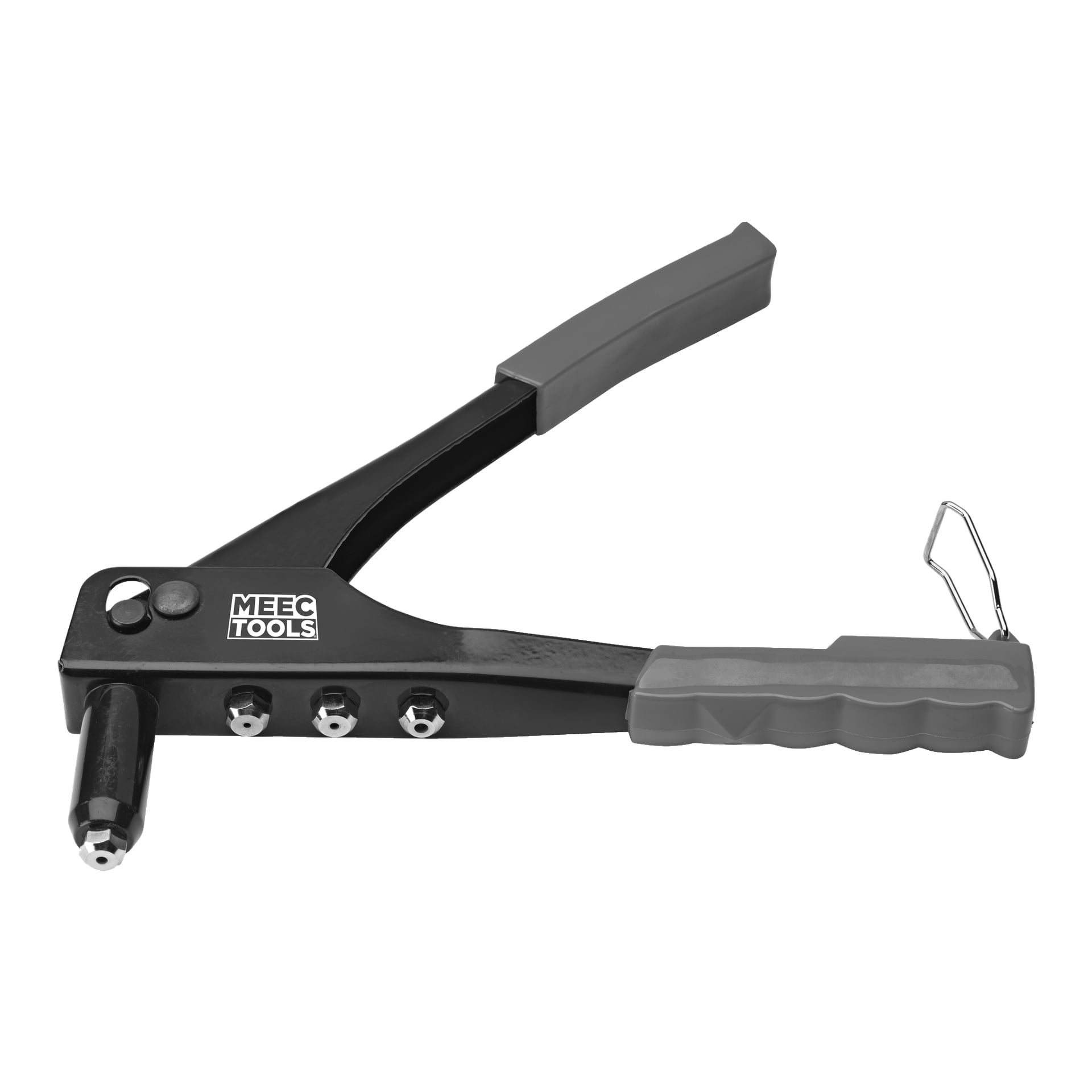 Et svart Meec Tools Rivet-pistolsett med grått håndtak og tre utskiftbare dyser.