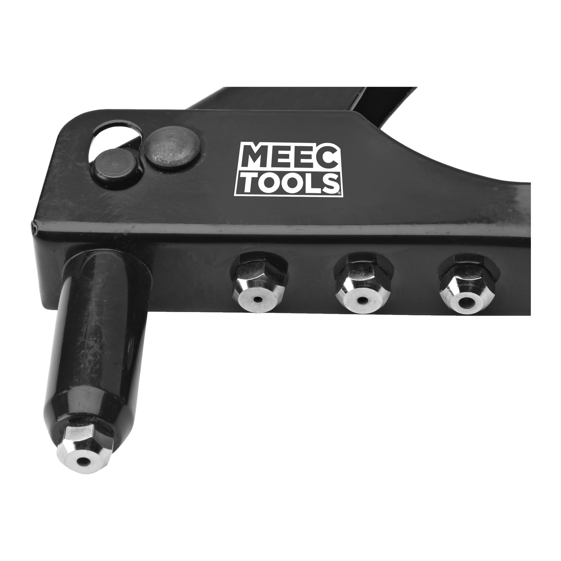 Nærbilde av et Meec Tools naglepistolsett, som viser et svart metallhåndverktøy med fire dyser på rad og Meec Tools-logoen på siden.