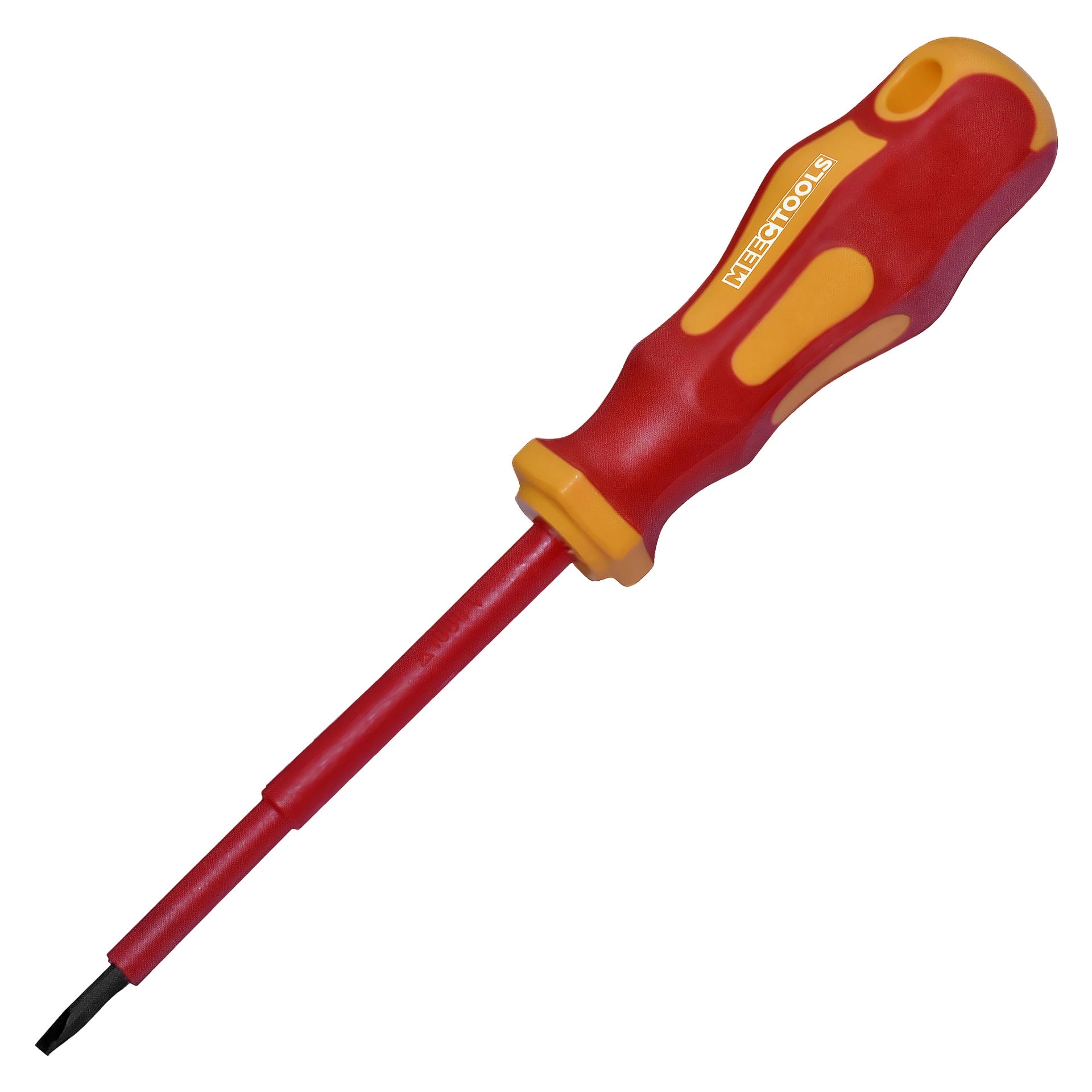 En rød og gul isolert flat skrutrekker med ergonomisk håndtak, beregnet for elektriske oppgaver. Håndtaket viser Meec Tools-merket i hvitt.