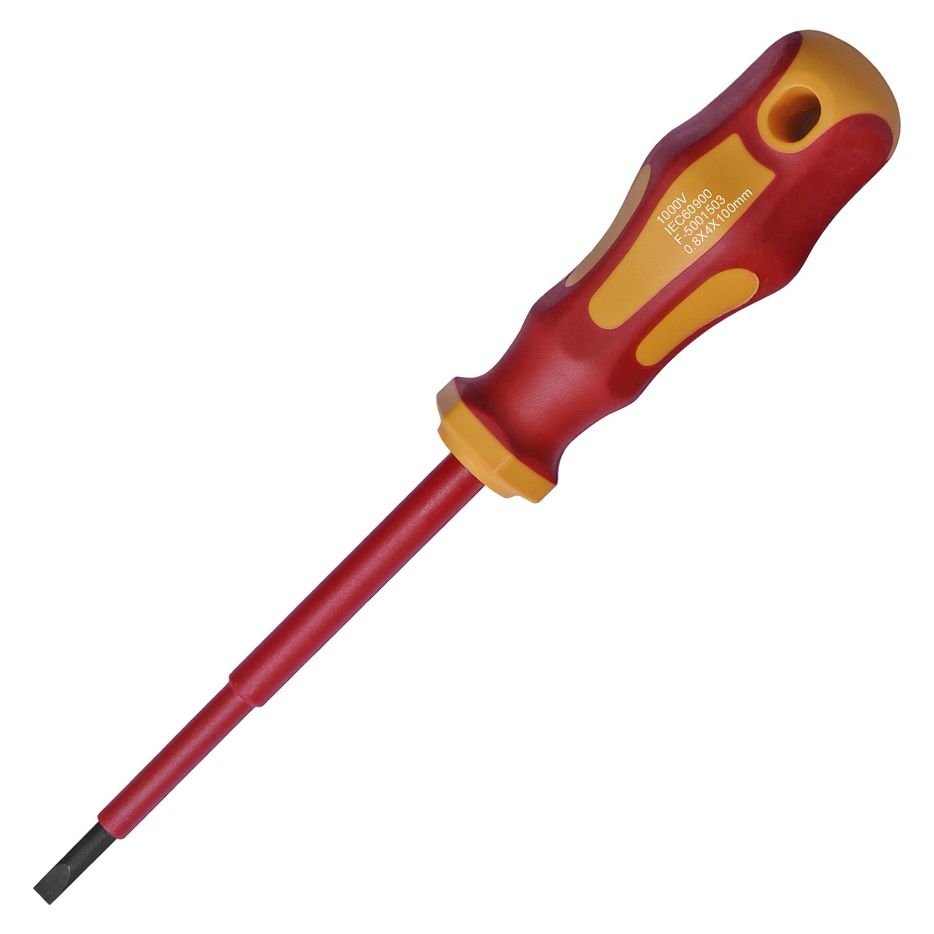 En rød og gul Meec Tools isolert skrutrekker med et solid plasthåndtak og en svart flathodespiss, beregnet for elektriske oppgaver. Produktinformasjon er trykt på håndtaket med hvitt.